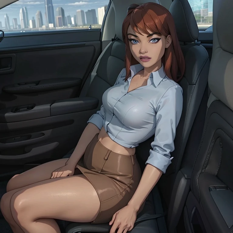 (masterpiece, high quality) woman, formal business suit, shirt, pants, solo , looking at viewer, perfect face, suits tan, tan colour, white shirt,sexy breasts,fit super model body, fit_business_suit s, crystal blue eyes, eyelashes, makeup, skyscraper, full body, she is the boss, ultra quality 4k, super confident, sit like the boss, [From Below, Looking Up][luxury car , red leather interior car , rolls royce] tan colour office suits , flirting grey tight skirt,red_interior_car