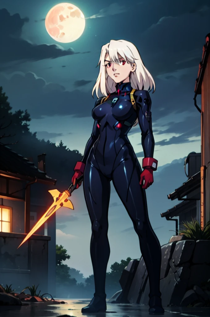  illyasviel_von_einzbern in the style of evangelion, shiny_skin, (clothe inspired by evangelion, aliens, gunbuster, gunnm, metal gear, death stranding), impossible_clothes, bodysuit, white & red bodysuit, suit, pilot suit, jumpsuit, plugsuit, armor, shiny_clothes, jacket, cybernetics suit, gloves, gainax anime style, studio gainax art, studio gainax illustration, inspired by Masamune Shirow, studio gainax, big breasts, two_side_up, full body, can't be this cute, girl on top, long_hair, white_hair, silver_hair, floating_hair, hair_between_eyes, asymmetrical hair, red_eyes, looking_at_viewer, outdoors, holding, holding_weapon, Spear of Longinus, cowboy_shot, background, glowing, moon, red, red moon, full_moon, moonlight, star_(sky), night, city, building, cityscape, science_fiction, ((mature female, mature, milf)), 