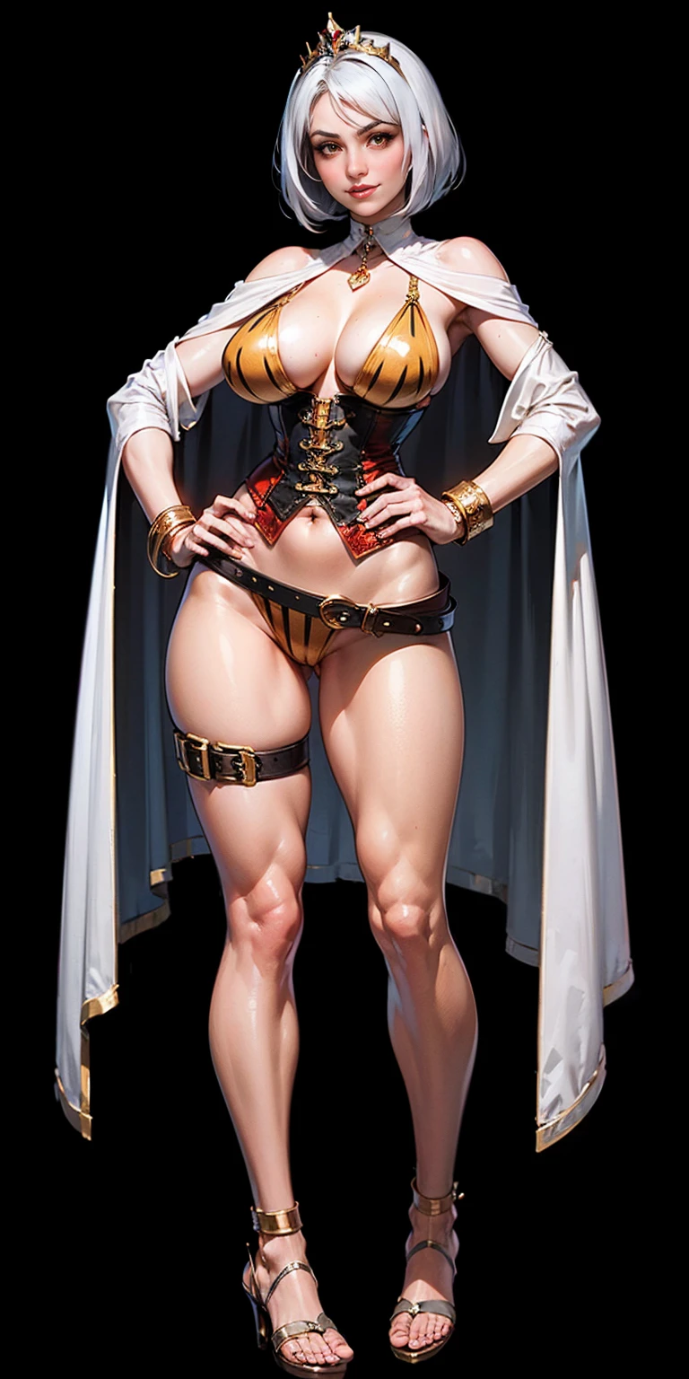 ((BLACK BACKGROUND,1:2, masterpiece)), full body MILF BIMBO standing with two long thighs and two high heels, red eyes, silver white hair, short bob style hair, big breasts, cleavage, separate sleeves, tiara royal, long cape up to two feet, yellow bikini, hands on waist, navel, lustful smirking smiling, smile face (red blushed, red cheeks), metal shoulders, gold sleeveless armbands, black leather choker slave collar, shackle bracelets, slave red crest, full body MILF BIMBO standing with two long thighs and two metal sandals, red eyes, silver white hair, short bob style hair, big breasts, cleavage, separate sleeves, tiara royal, long cape up to two feet, yellow bikini, tiger bikini stripes, hands on waist, navel, lustful smirking smiling, smile face (red blushed, red cheeks), metal shoulders, gold sleeveless armbands, black leather choker slave collar, shackle bracelets, slave red crest, pauldrons, breastplate, corset, eye focus, full body, whole body 1solo slave fighter, loincloth standing, hands on hips, metal sandals, backpack, choker, big belt around waist, view from below, feet together, bracers, tiara)