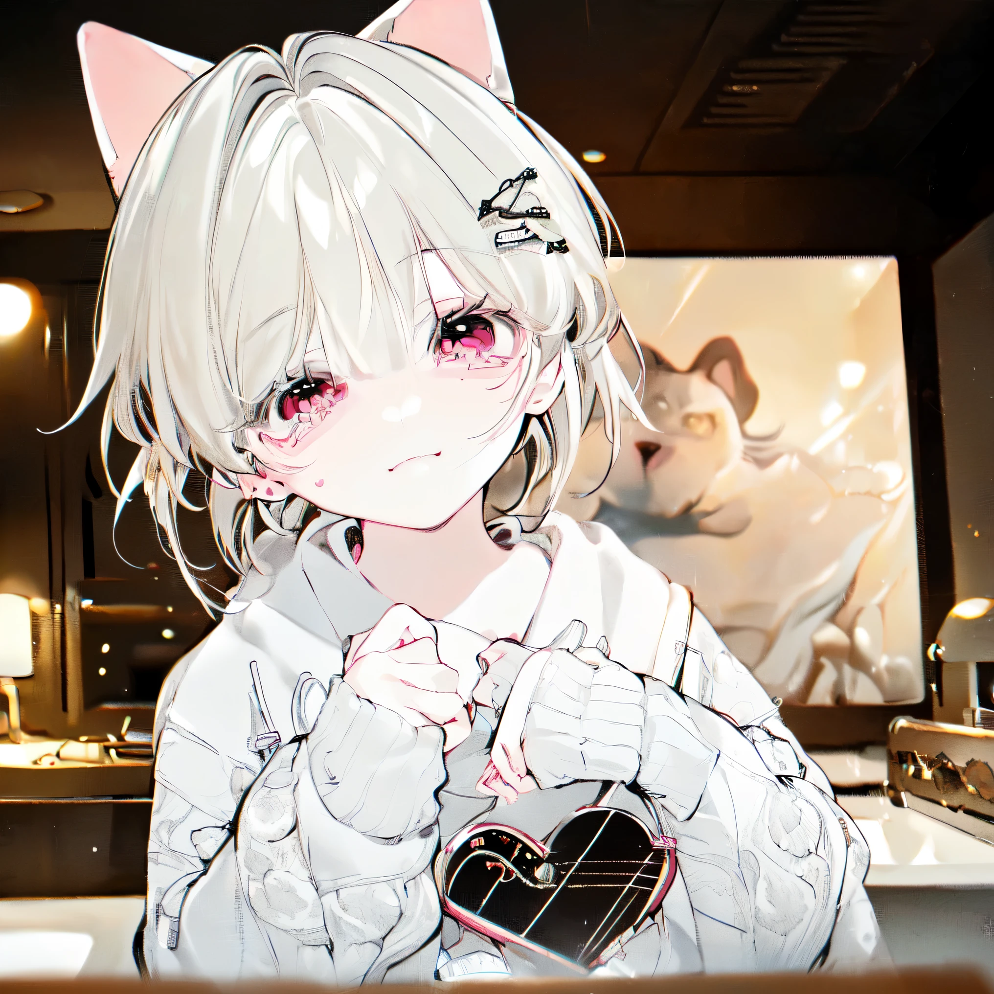 (best quality,4k,8k,highres,masterpiece:1.2),ultra-detailed,(realistic,photorealistic,photo-realistic:1.37),portrait,Kawaii,white hair,shy,introverted girl,pink cheeks,innocent eyes,adorable smile,cute kitten ears,wearing a cozy pink sweater and a bow tie,sitting sideways with her fingers crossed,white background.