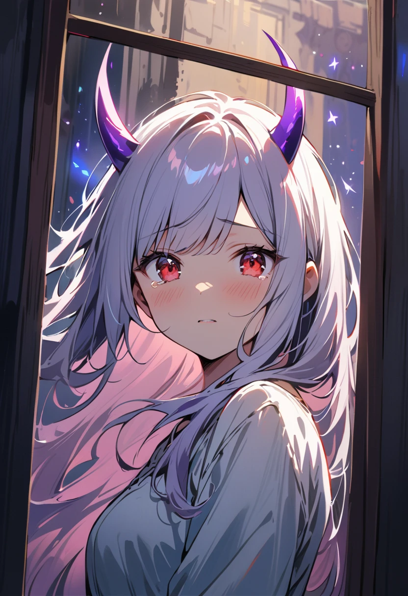 (best quality, masterpiece:1.2), 1 Girl, large red eyes,Drooping eyelids,Tears, White long hair,White Dress, There are two purple horns on the head, Purple Devil&#39;s Tail, blush,whole body,Gaze at the stars outside the window, Movie-level lighting effects, Particle light effects, portrait, Ethereal colors, surreal atmosphere, Delicate brushstrokes, Dreamlike scenery