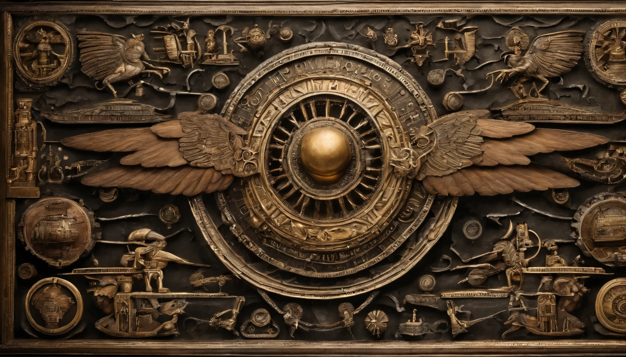 dslr photo of real ancient anunnaki sumerian gods, giant, hyper detailed starship interior, they have long curly beards, wings, a pinecone in the hand, and a long hat with sumerian luminescent writing in the hat, hyper detailed hyperreal hypermaximalist 