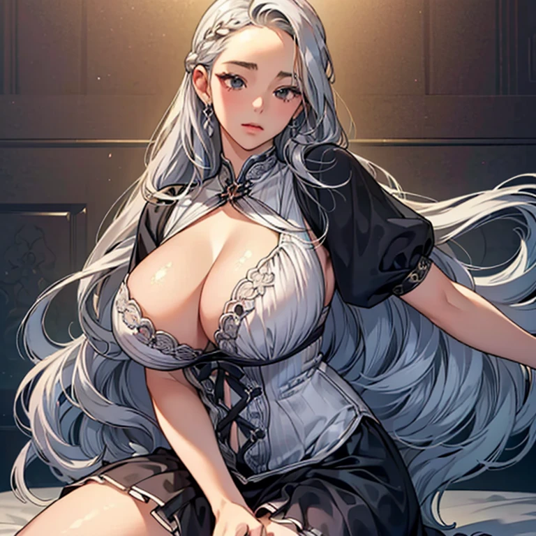 (High resolution)),((Game CG)),(masterpiece),(highest quality), (Very detailed),shape,((Very delicate and beautiful)),　, Very embarrassed look,Looking at the audience,(((18-year-old female)),((whole body)),Detailed face and eyes,Jewel-like eyes,(Loosely braided long hair),,,(Super huge breasts,Long and slightly saggy breasts,）　　Silver hair and black eyes　　　　Plump body rhythmic gymnastics