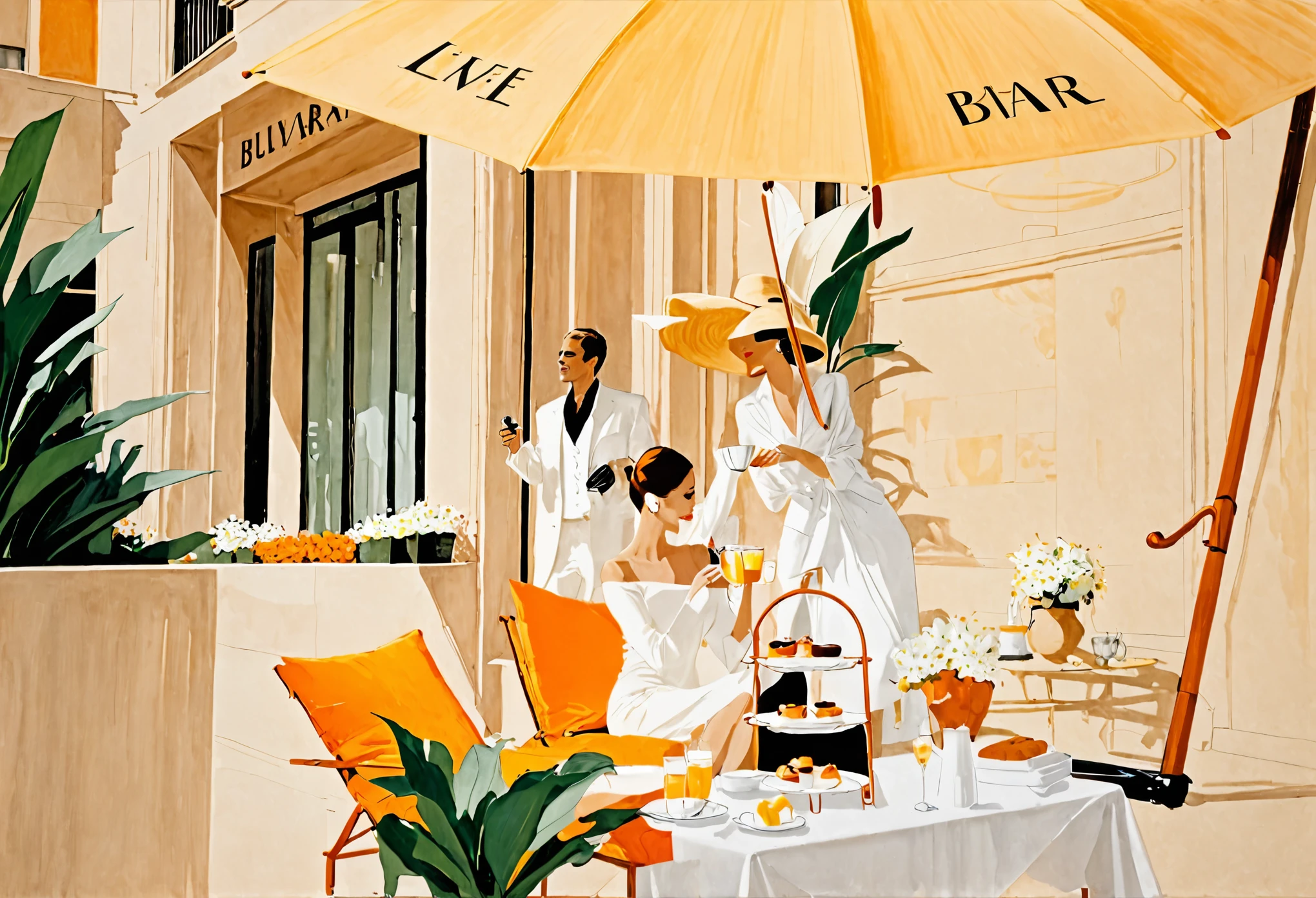 (Rene Gruau), simple line illustration, level, light and shadow, modern Bulgari space design, a couple of fashion people are having afternoon tea,under a huge sun umbrella outside the shop，, vision simple lines, low saturation tones, minimalist art strokes, HD,