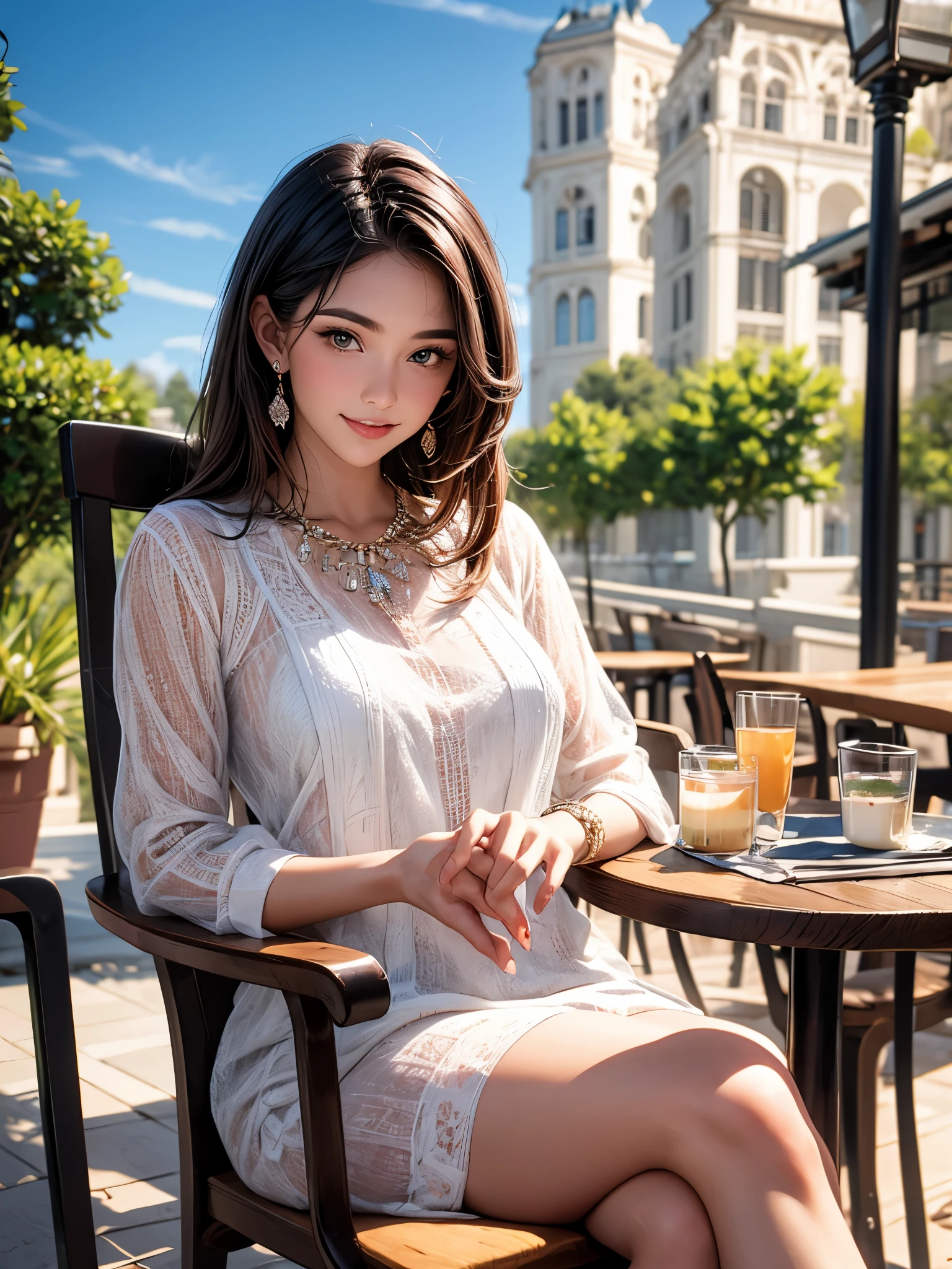 (Higher resolution, clearly_image) best quality, A woman, masterpiece, Very detailed, Semi-realistic, 26 years old, fair, young, Handsome, White and blue staggered dress, Small gemstone necklace around neck, External, Cafe Seating, window, sitting, afternoon, blush, Smile