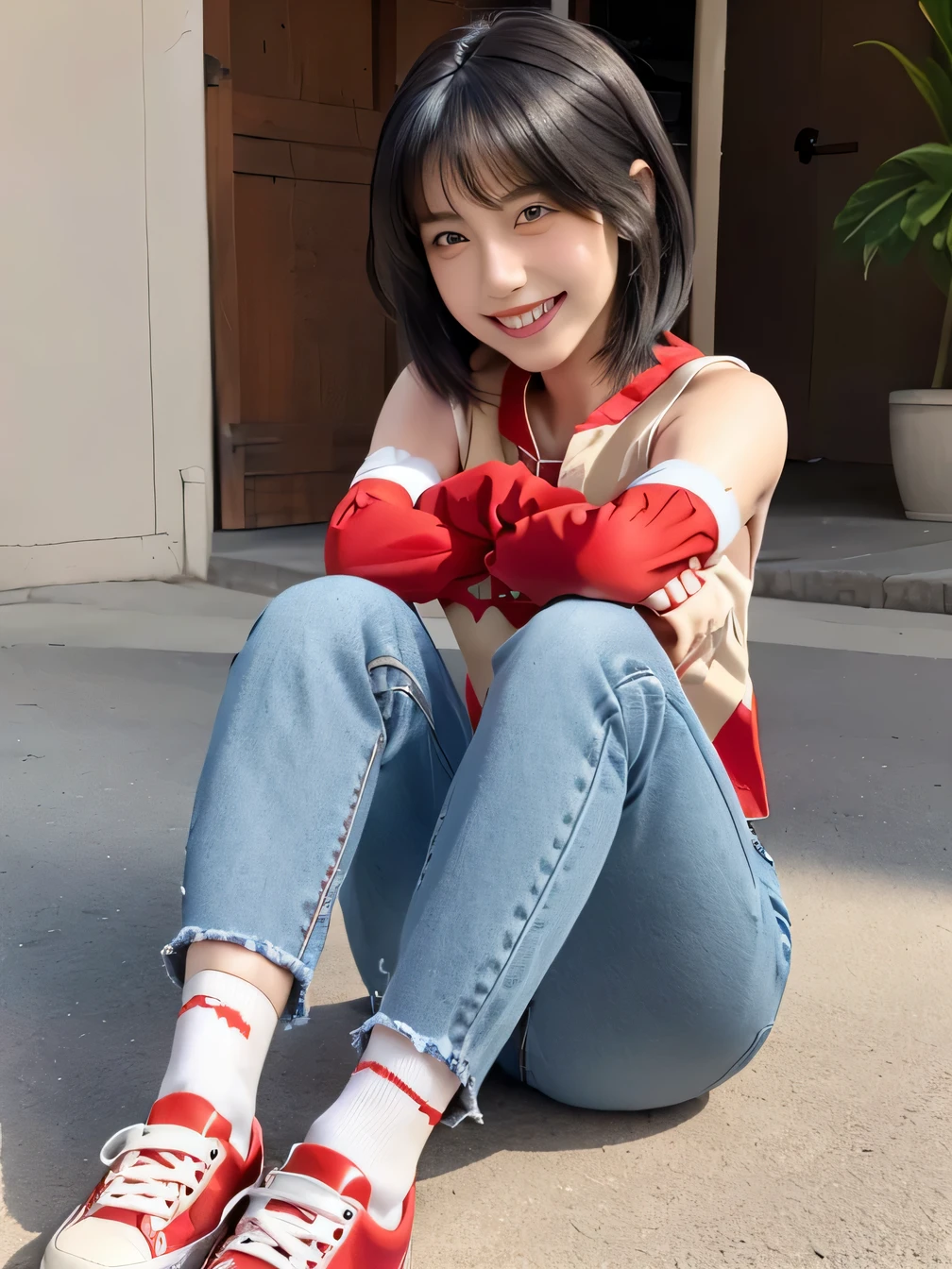 8k, Realistic, RAW Photos, highest quality:1.4), (Realistic face), (Black Hair、short hair、Beautiful Hairstyles、ear piercing、, smile、Beautiful teeth alignment、Beautiful little blue eyes, (Realistic skin texture), (Beautiful Skin),charm, Ultra-high resolution, Ultra-Realistic Skin, (Natural light)、Golden Ratio, ((smile)), ((full body shot)), (((Red trainer)))、((Skinny jeans、sneakers) Putting on socks、Information Information

