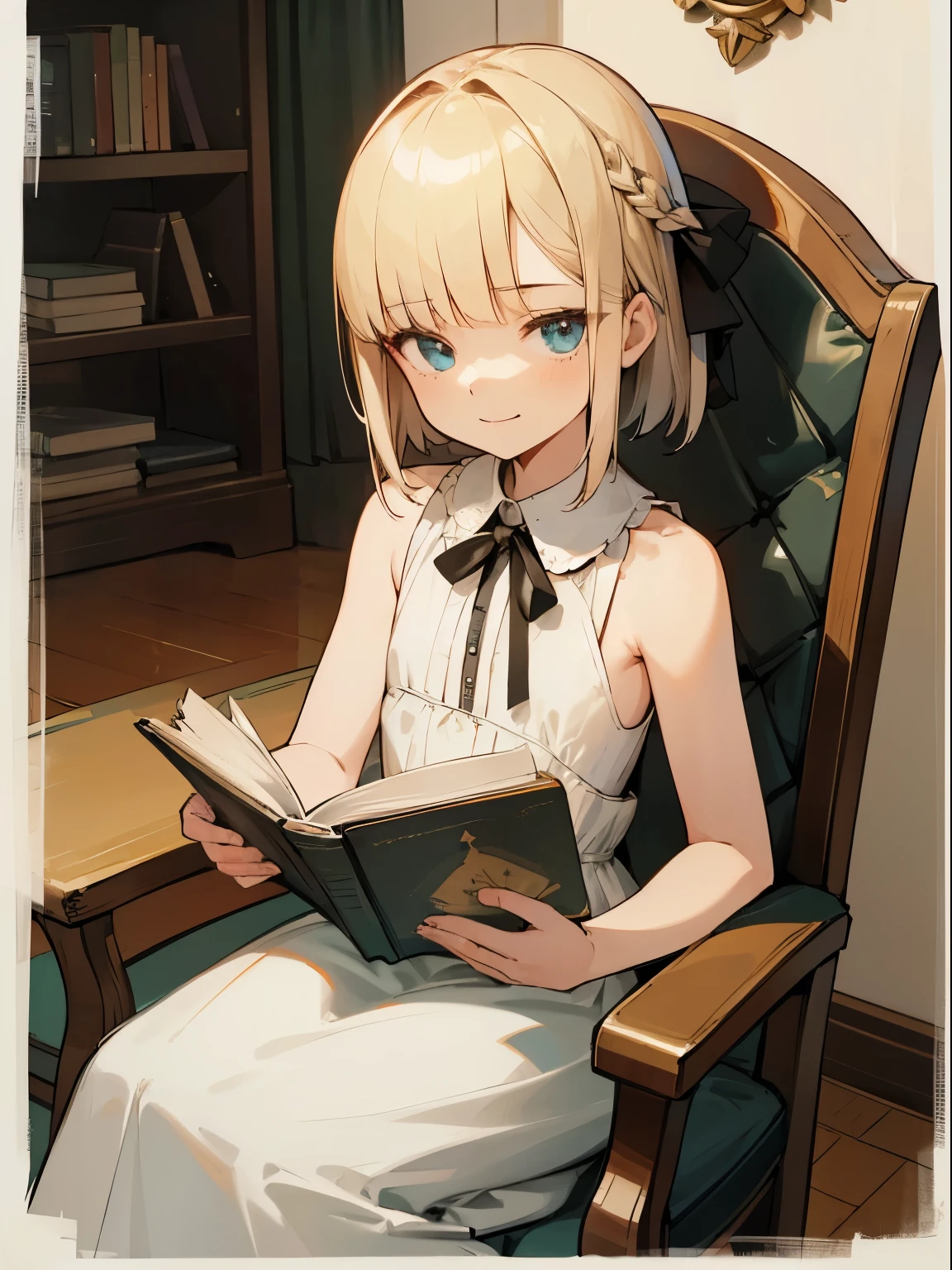 Reines, 1girl, high quality, best quality, illustration, masterpiece, (highly detailed:1.2), (extremely detailed:1.3), pajamas, sleeveless, backless, young girl, string ribbon, braid, , , sitting on chair, in a house, flat chest, (children:1.2), children reading a book, short hair, cheery, smiling