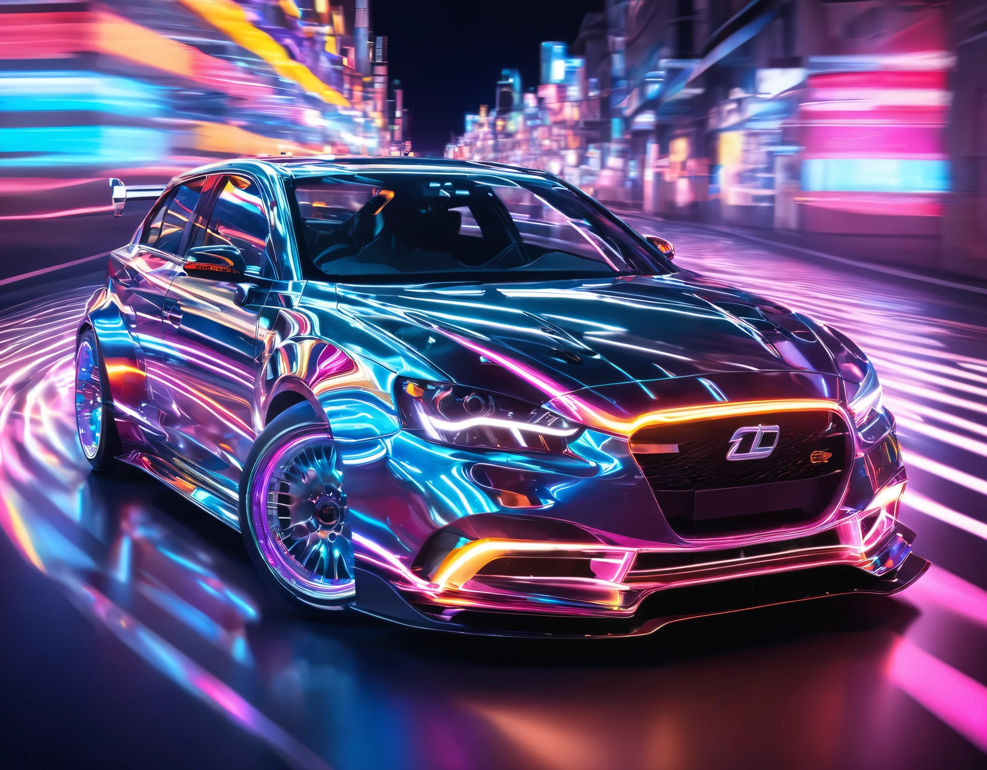 A car driving at high speed,ブレた背景でSpeedを表現する,metallic luster,Speed Paint,Photorealistic,rendering,metallic luster,Shiny metallic body,Light lines that match the movement of the car,Structurally correct,Cast colorful spells,hologram,neon lines,best composition,Speed,Dynamic composition,best composition,car race,Smooth form,cool,Reflection of light,flash,とてもflash,masterpiece,最高masterpiece,highest quality,Light and shadow,Three-dimensional,Between reality and unreality,