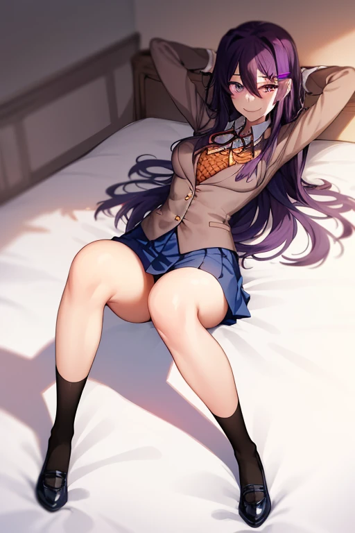 (nsfw),highest quality,inside the bedroom, on the bed,lie down, On your back,((vaginal )), (1 girl), (alone), (beautiful detailed girl), Len Bright, yellow_eye, purple hair, long hair, Broke up_前hair, hair_ribbon, black coat, white shirt, pantyhose, black knee boots, short black skirt, frills, black_gloves, ,, smug, blush、涙eye、glaring