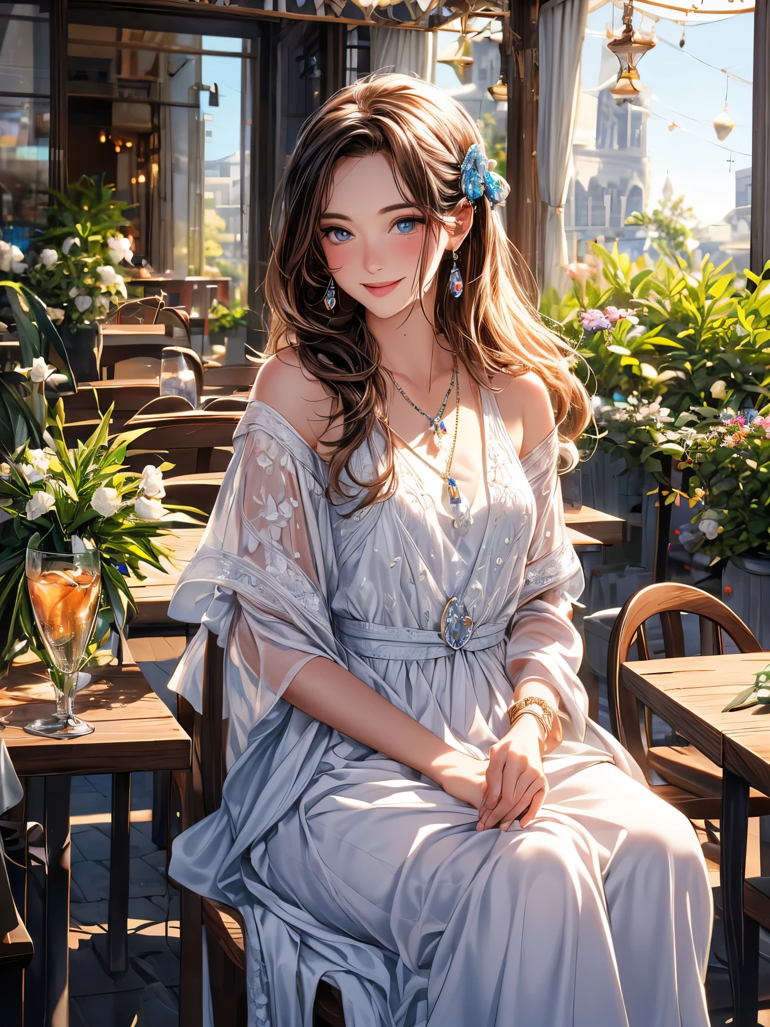 (Higher resolution, clearly_image) best quality, A woman, masterpiece, Very detailed, Semi-realistic, 26 years old, fair, young, Handsome, White and blue staggered dress, Small gemstone necklace around neck, External, Cafe Seating, window, sitting, afternoon, blush, Smile
