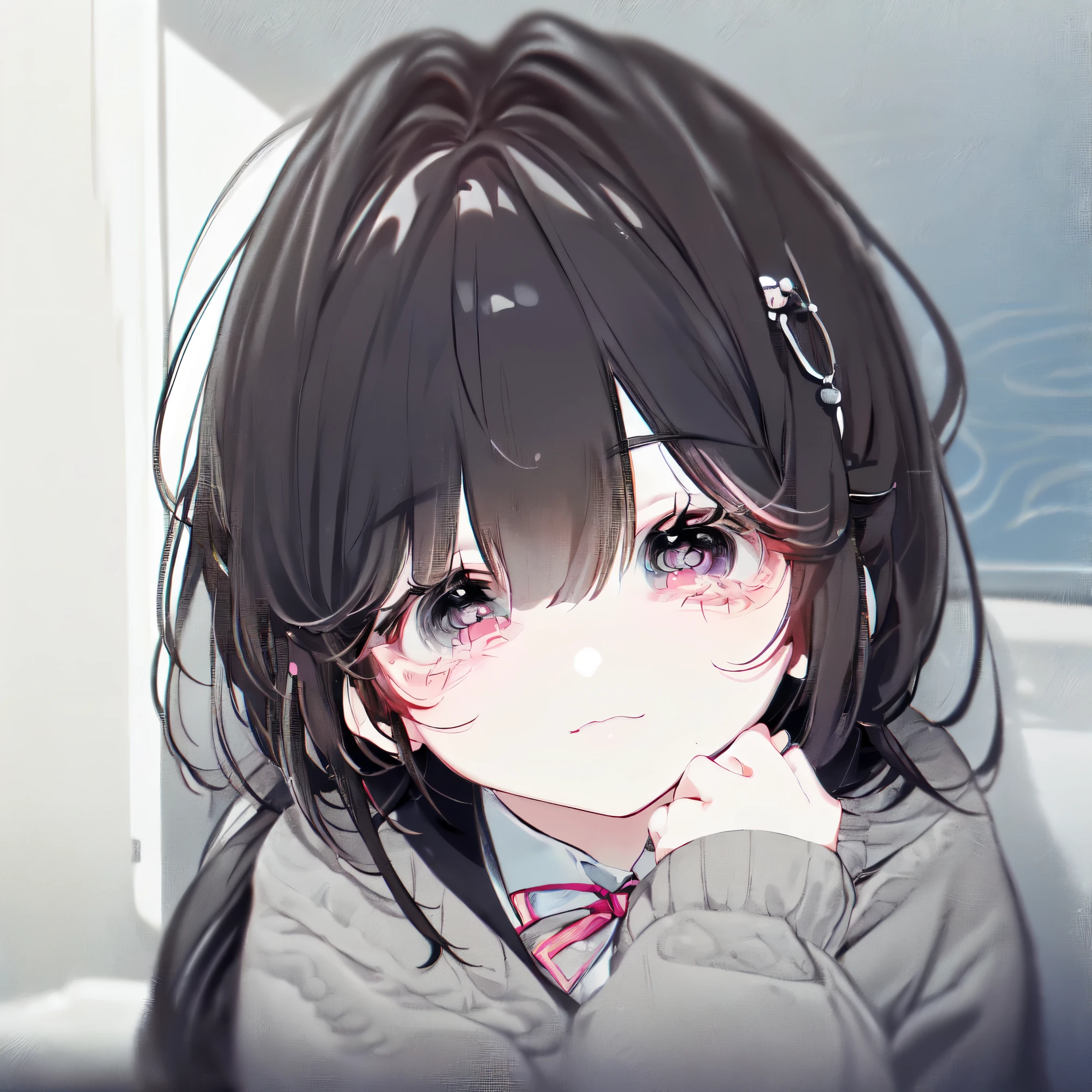 (best quality,4k,8k,highres,masterpiece:1.2),ultra-detailed,(realistic,photorealistic,photo-realistic:1.37),portrait,Kawaii,white hair,shy,introverted girl,pink cheeks,innocent eyes,adorable smile,cute kitten ears,wearing a cozy pink sweater and a bow tie,sitting sideways with her fingers crossed,white background.