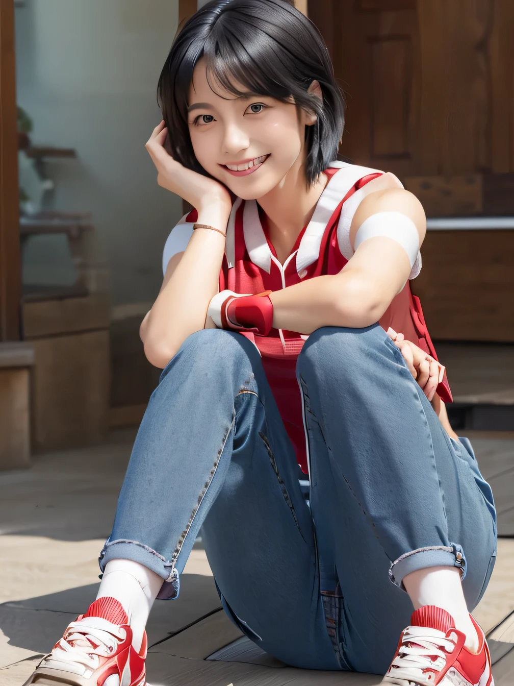 8k, Realistic, RAW Photos, highest quality:1.4), (Realistic face), (Black Hair、short hair、Beautiful Hairstyles、ear piercing、, smile、Beautiful teeth alignment、Beautiful little blue eyes, (Realistic skin texture), (Beautiful Skin),charm, Ultra-high resolution, Ultra-Realistic Skin, (Natural light)、Golden Ratio, ((smile)), ((full body shot)), (((Red trainer)))、((Skinny jeans、sneakers) Putting on socks、Information Information