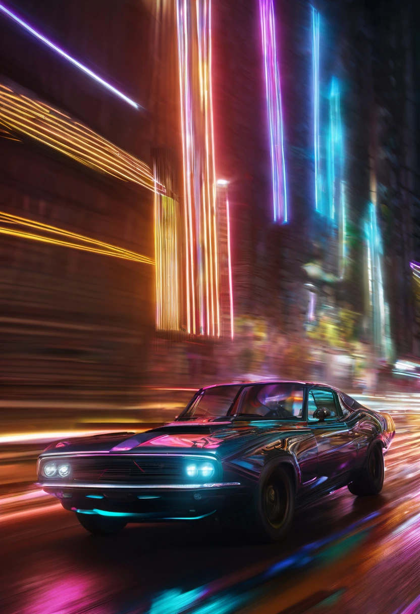 (Motion Blur:1.5), speeding time lapse lightning flash neon car race detailed, detailed matte painting, deep color, fantastical, intricate detail, splash screen, complementary colors, fantasy concept art, 8k resolution trending on Artstation Unreal Engine 5