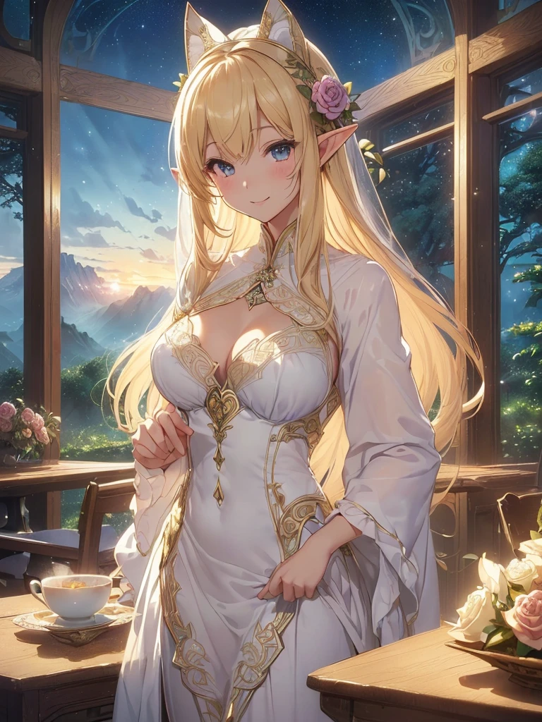 最high quality、Best image quality、masterpiece、Beautiful Face、、Titania、Super beautiful elf girl((22 year old office lady big bust、Bust 90,Beautiful long ironed hair、blonde、height: 165cm。thin、Beautiful dress、cowboy shot,、Esbian、dinner、dinner、Sumptuous cuisine、a lotの食べ物、table、tea、spring、Sunrise、night、star、Milky Way、starrynight.high quality、美しいart、、Pieces fly、ビジュアルart、Depth of written border、、Elf Ears、、ライトのmagic、universe、Happy smile、gentle lights、Beautiful Forest、、、elegant、ticker beautiful decorative、、、mystery的な　Rosa、Rose、　null、art、Lord of the Ring、Spectacular scenery、sexy、A friendly smile、Wonderful nature、universeのmagic、magicのライト、Fantasy、flower、super REALITYa lotのRose、magic、Grow Fantasy、、mysteryのライト、Art Nouveau、Alphonse　a lot、、art、art,mystery,UHD,magicalgentle light,sexy