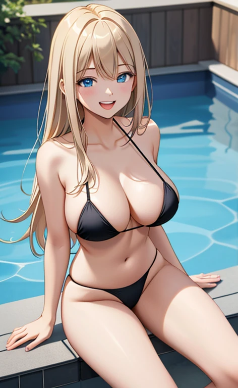 (realistic:1.4、masterpiece、top-quality、8k size wallpaper、offcial art)、(character focus、cowboy shot)、(1girl),(Open mouth happy smile:1.3),(half closed eyes),from above、cute face,blue eyes、()、
,(sit、spread legs:1.4),(Shining smile),
,(slender),(black micro bikini),(longblonde hair1.3), (large breasts:1.4)、
、slender、pool,、