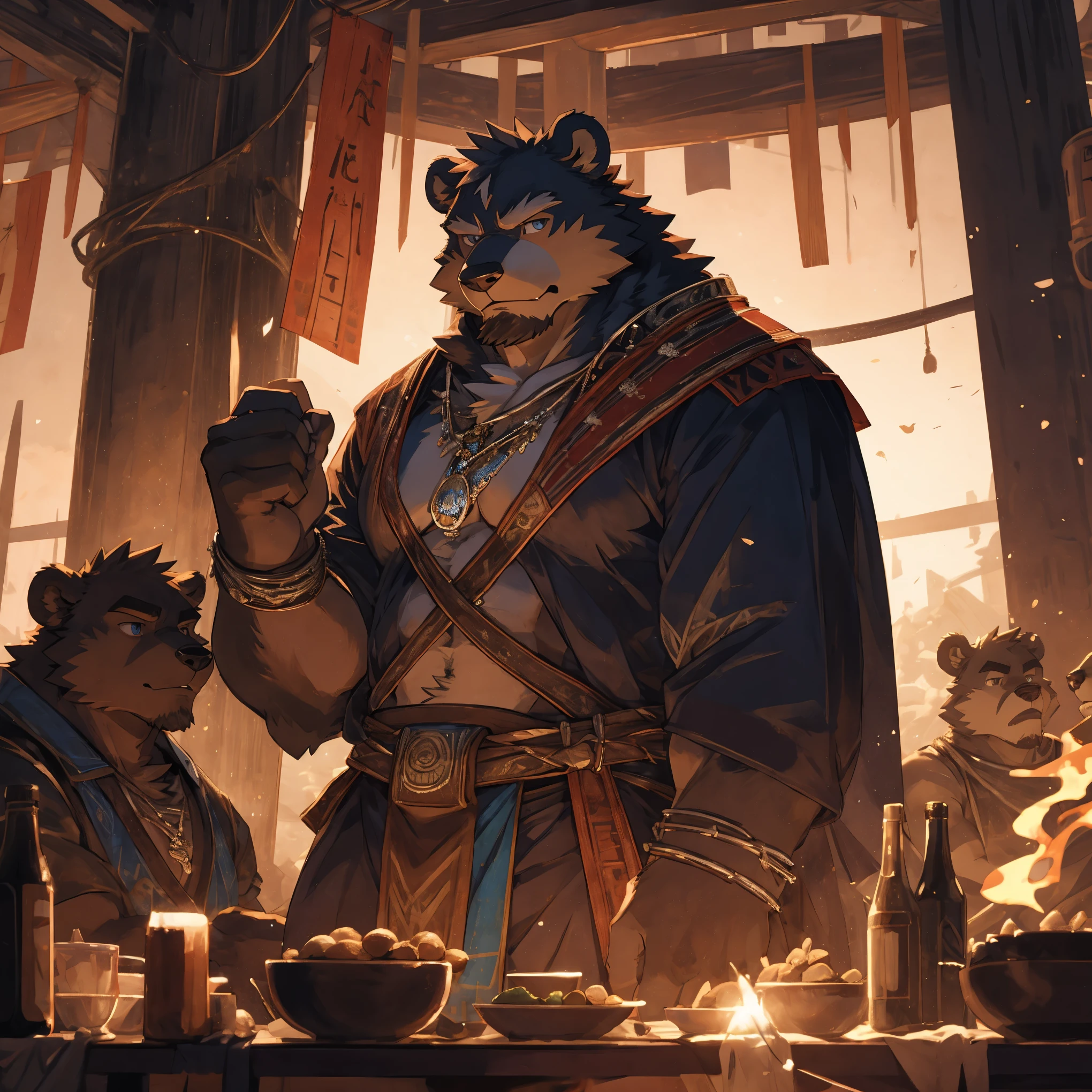 （CG 8K）Bear Clan Orcs，Gray fur，very strong，Tribal clothing，strong ????? muscles，Strong thigh muscles，Handsome，serious，Facing the camera，Close-up of face，Standing in the tribe，Solitary，Face Focus，author：Takemoto Arashi ，by zixiong