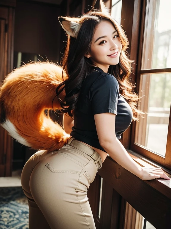((highest quality, 32k)), ((masterpiece)), (Familiar), Perfect Face, Fox Woman, Beautiful woman, public, She has a fluffy tail, She has a red fox's tail, She wags her tail, smile, Dog collar, She is wearing pants, Beautiful Hips, Big Butt, Showing off a big tail, A tail sticks out from inside the pants