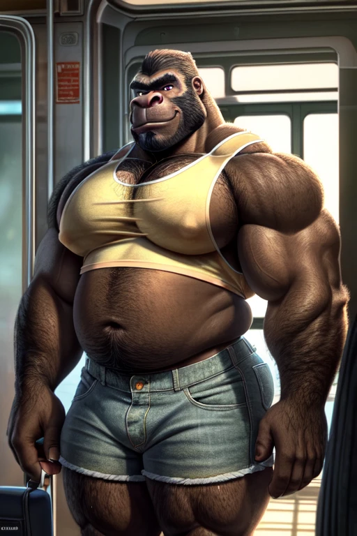 ((best quality)), ((masterpiece)), (detailed), perfect face, Bara Furry, anthropomorphic Gorilla, Big pecs, Broad Shoulders, Big Biceps, Broad back, Big Ass, bubble butt, hairy ass, roid gut, thick thighs, DILF, Daddy, looking down at phone, bus ride scene, ass dangerously close to viewer, standing in front of viewer, wearing wearing short shorts, wearing jorts, wearing skimpy tank top, back turned away from viewer, looking down, phone in hand perfect shading, soft shading, soft colors, vivid colors, pastel colors