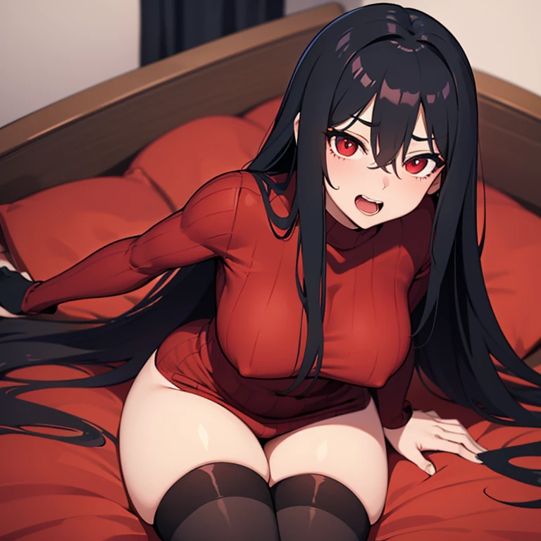 A wife, long black tired hair, nice body line, nice red eyes, red tight sweater, and tight stockings, getting hot and sexy on a bed, appealing with a bounce and a panting face. She is about to pass out because of excitement