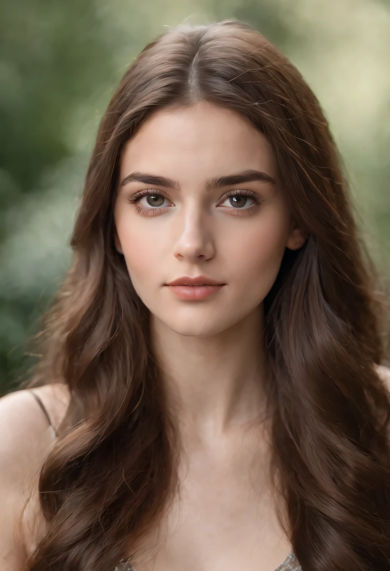 A photorealistic portrait of a 21-year-old française playing model photo girl with long, flowing dark hair and striking dark eyes. She should have a natural, approachable expression and be illuminated by soft, golden-hour sunlight. The background should be a scenic outdoor setting, perhaps a sunlit park or beach. Capture this image with a high-resolution photograph using an 85mm lens for a flattering perspective.