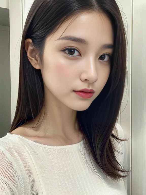 See-through tops、Long sleeve dress、Silky Hair、White wall、Taken in front of a white door、((highest quality、8k、masterpiece:1.3))、Ultra-high resolution、(photoGenuineistic:1.4)、RAW Photos、Japanese,(face)、Genuine、Photographed in natural light、Highly detailed face and skin texture、Highly detailed lips、The correct state of the human body、Medium Hair、Black Hair、Various poses、Natural color lip、bob hair