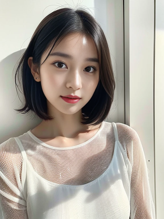 See-through tops、Long sleeve dress、Silky Hair、White wall、Taken in front of a white door、((highest quality、8k、masterpiece:1.3))、Ultra-high resolution、(photoGenuineistic:1.4)、RAW Photos、Japanese,(face)、Genuine、Photographed in natural light、Highly detailed face and skin texture、Highly detailed lips、The correct state of the human body、Medium Hair、Black Hair、Various poses、Natural color lip、bob hair