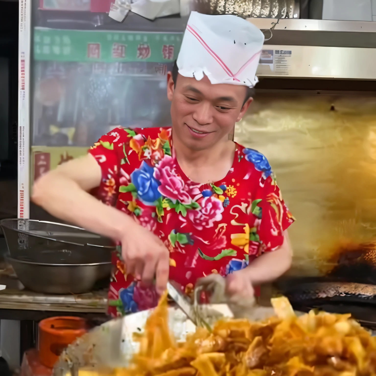 there is a man in a chef's hat preparing food in a kitchen, youtube video screenshot, absolutely, food stall, cheesy, 4 0 9 6, pichacu cooks a squid, youtube thumbnail, chinese, yummy, cooking show, with street food stalls, nanquan, extremely intricate, unbelievably beautiful, bo chen, sichuan, very tasty, delicious, tasty