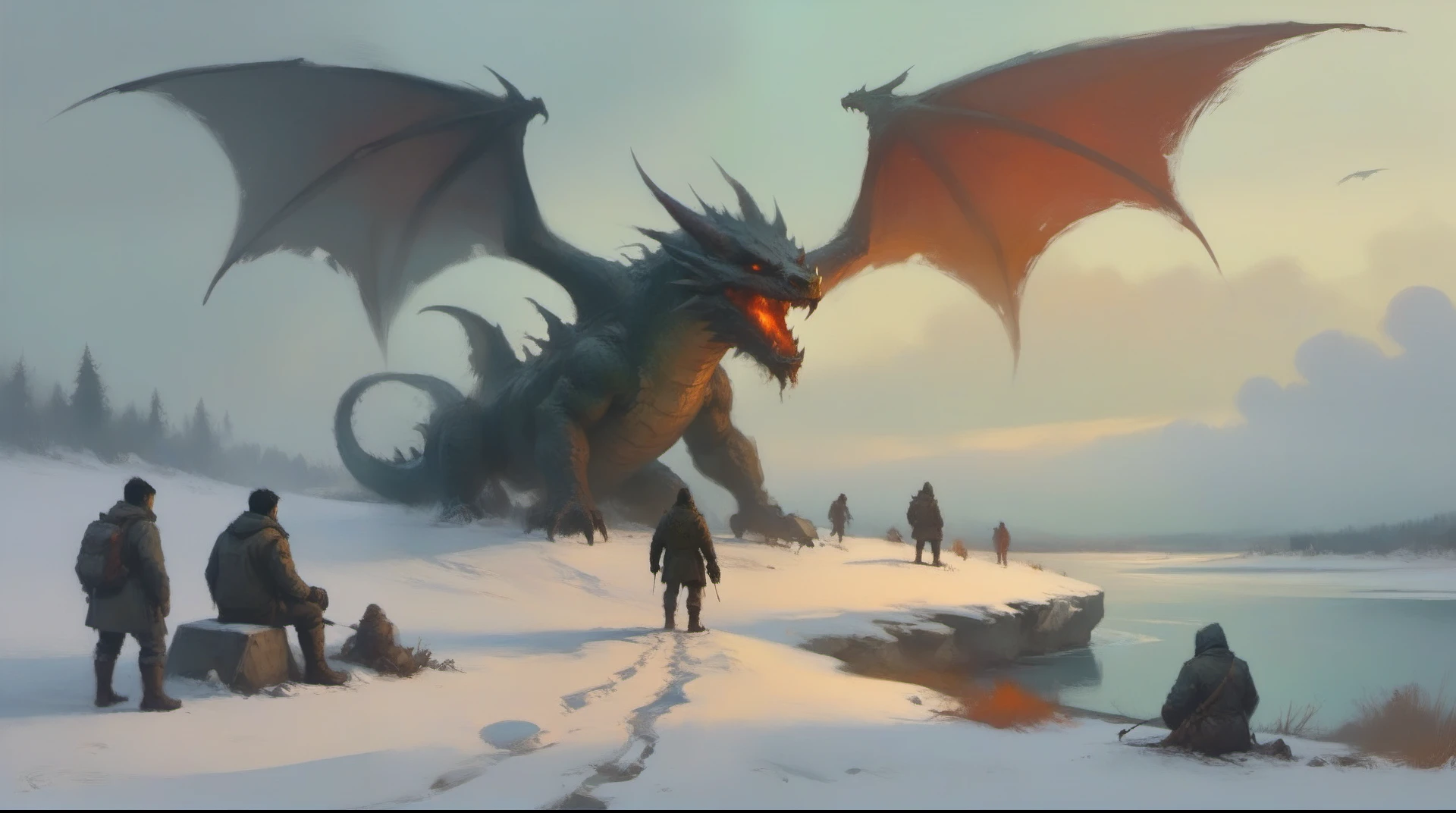 ASCIIconcept art, (art by Ismail Inceoglu:1.4), island in the snow, dragon in sky, fight with people