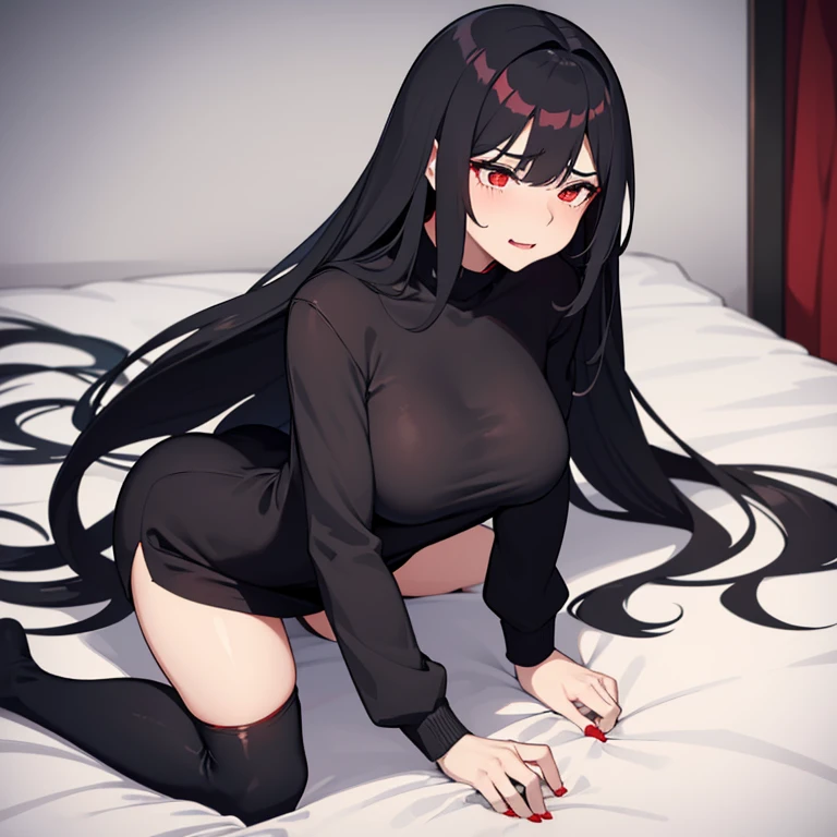 Girl with long black hair, hair between the eyes, lying on a bed, showing her ass to the camera, showing her panties