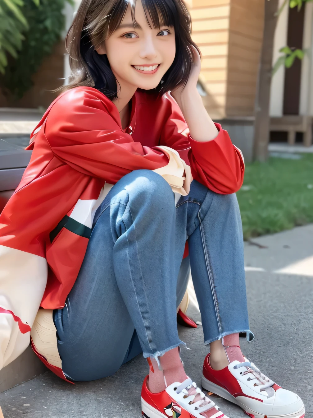 8k, Realistic, RAW Photos, highest quality:1.4), (Realistic face), (Black Hair、short hair、Beautiful Hairstyles、ear piercing、, smile、Beautiful teeth alignment、Beautiful little blue eyes, (Realistic skin texture), (Beautiful Skin),charm, Ultra-high resolution, Ultra-Realistic Skin, (Natural light)、Golden Ratio, ((smile)), ((full body shot)), (((Red trainer)))、((Skinny jeans、sneakers) Putting on socks、Information Information