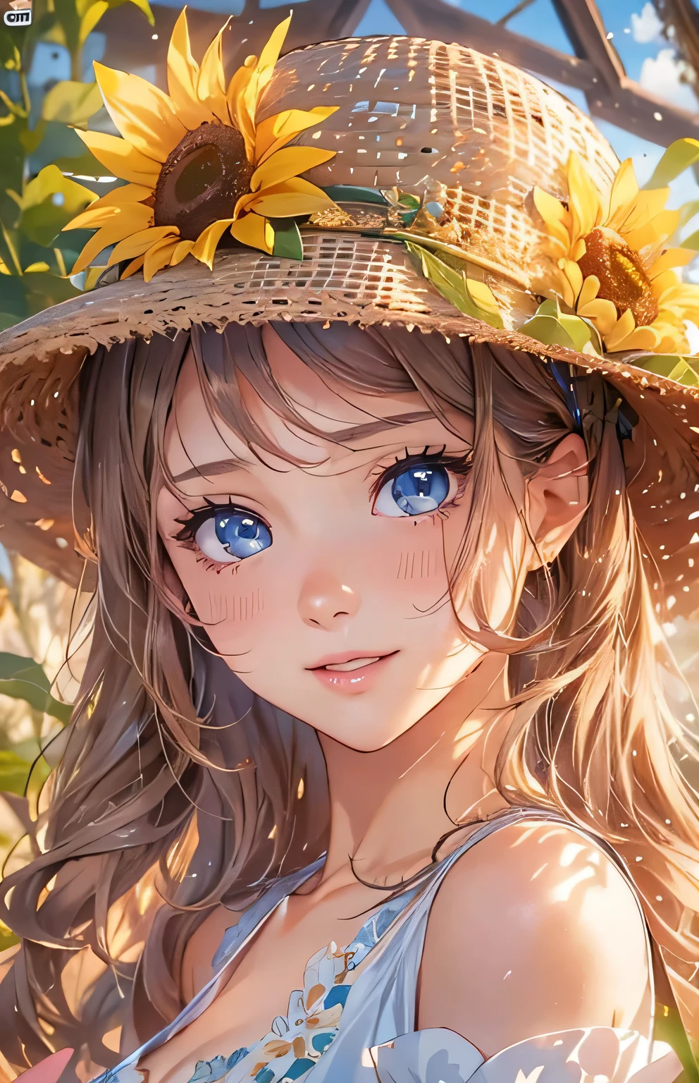 masterpiece、highest quality、High resolution、High-quality images、8k, 1 female、Skin Radiance、Texture of skin and clothing、Expression of fine eyes、shiny light brown hair,Girl with long braided hair, Manga inspired by Lee Jong-suk, Trending on deviantart, realism, detailed manga style, Manga art style, Perfect Line Drawing, Beautiful line art, digital manga art girl, K-POPアイドル, dress,Large Breasts,Beautiful light blue eyes, Fuller lips, Gorgeous face with attention to detail, (Cute Smile), charm, Innocent, Side view, (Perfectly detailed face), (Beautiful Hands) photorealistic images, Written boundary depth, Princess Hairstyles, sunflower， Straw hat,one piece,wonderful flower garden，Beautiful sunflower，Romanticism,