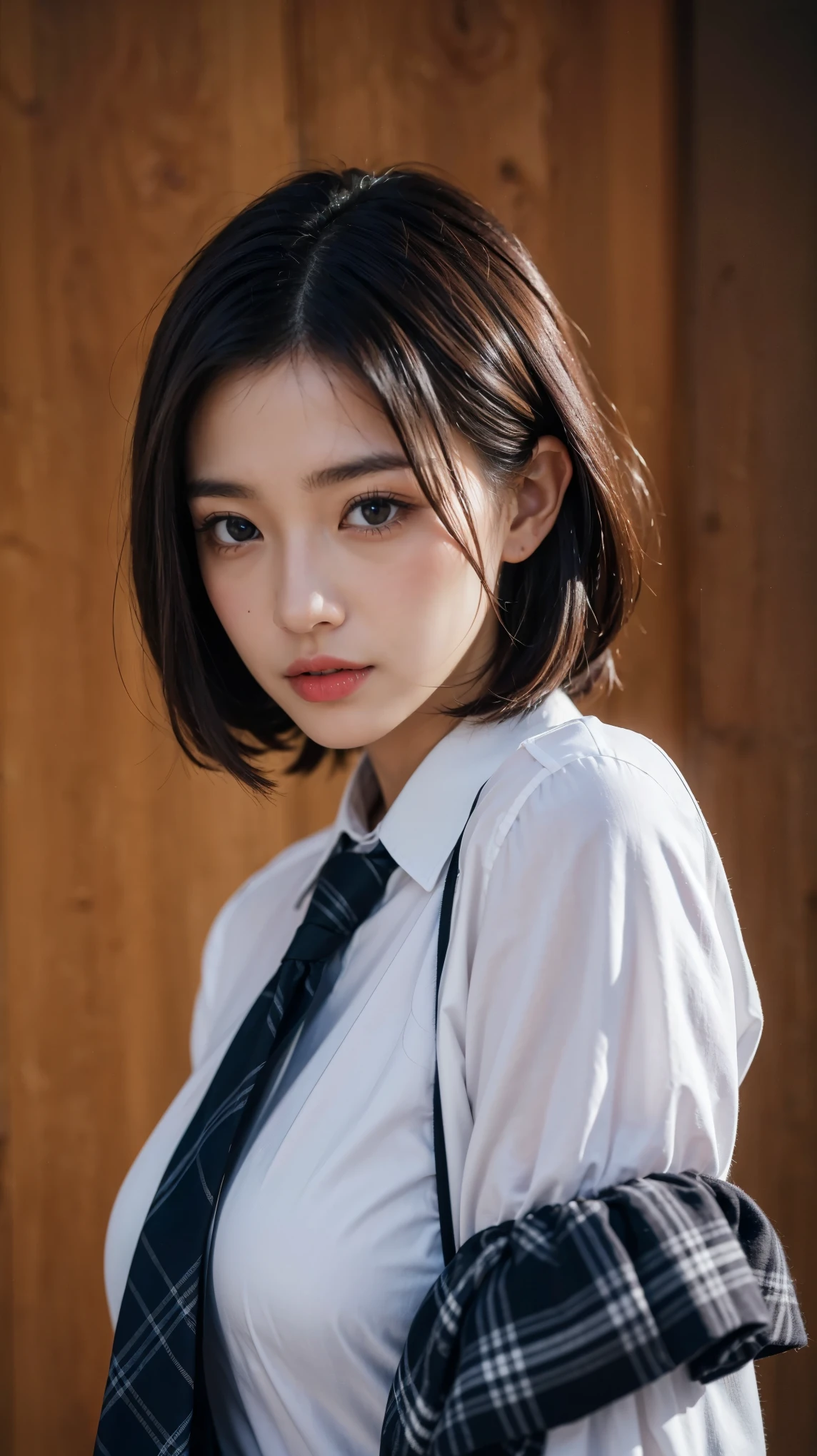 ((Best quality, 8k, Masterpiece, ultra detailed, ultra high res, photorealistic, raw photo, absurdres, absolutely resolution:1.5)), pretty woman, 1girl, slender abs :1.5, dark brown hair, smile, bob cut, large breasts, (NSFW:1.3, collared white shirt, ribbon tie, half undress:1.5, tartan check skirt, ), ultra-detailed face, highly detailed lips, detailed eyes, double eyelid