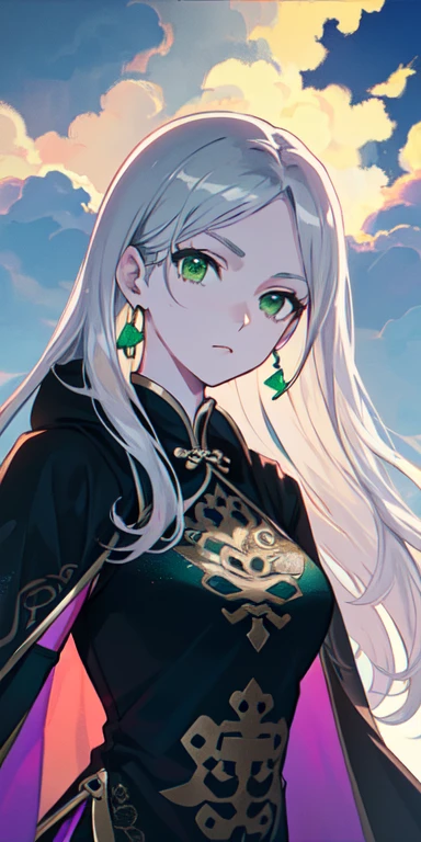 masterpiece,best quality,Game CG, 1 girl,Long hair,Silver forehead jewelry,(Green eyes:1.5),白色很长的Long hair,(Purple cloud pattern on clothes:1.8),(Black Chinese dress:1.5),Long sleeve,Jewelry,earrings,black cloak,,solo,Looking at the audience,Upper body,Anime Coloring,Silver jewelry in hair,(Purple cloud pattern on clothes:1.8),