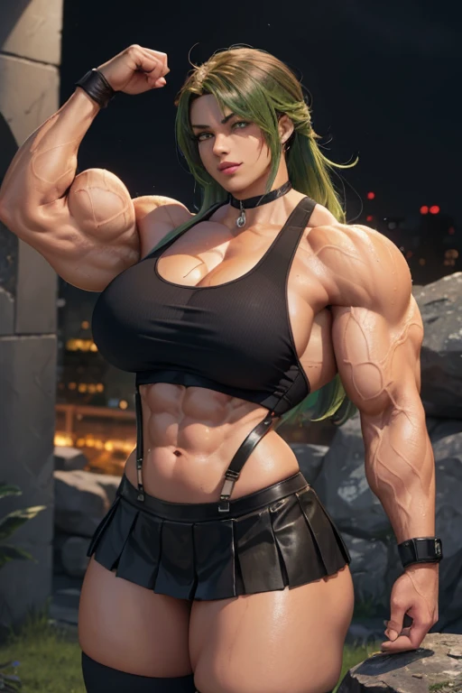 (((((Massive tall, beautiful, buff, wet, brown skinned muscular goddess woman with green hair, ginormous bulky muscles, carrying a massive stone rock with one arm, wearing a black sports bra, black pleated skirt, suspenders))))), close view, ((massive muscles)), ginormous biceps, (ginormous muscle arms), (wet skin), (curvy long hair), (iron gauntlets), black thigh high socks, black boots, orange eyes, choker, in the city of Midgar from final fantasy 7, confident smile, night, 