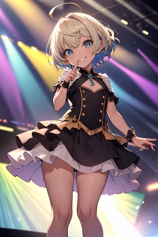 ((Top quality)), (超A high resolution), (Ultra-detailed), (Anatomically correct), (Limbs), (Full Finger), (Precise fingertip detailing), (8K), 1 girl solo,  Young Girl, alone, Bobcut, Ahoge, Flat Chest, Small breasts, curvy, Idol Costumes, Lots of frills, Wicked Smile, Standing on stage, Spotlight is on