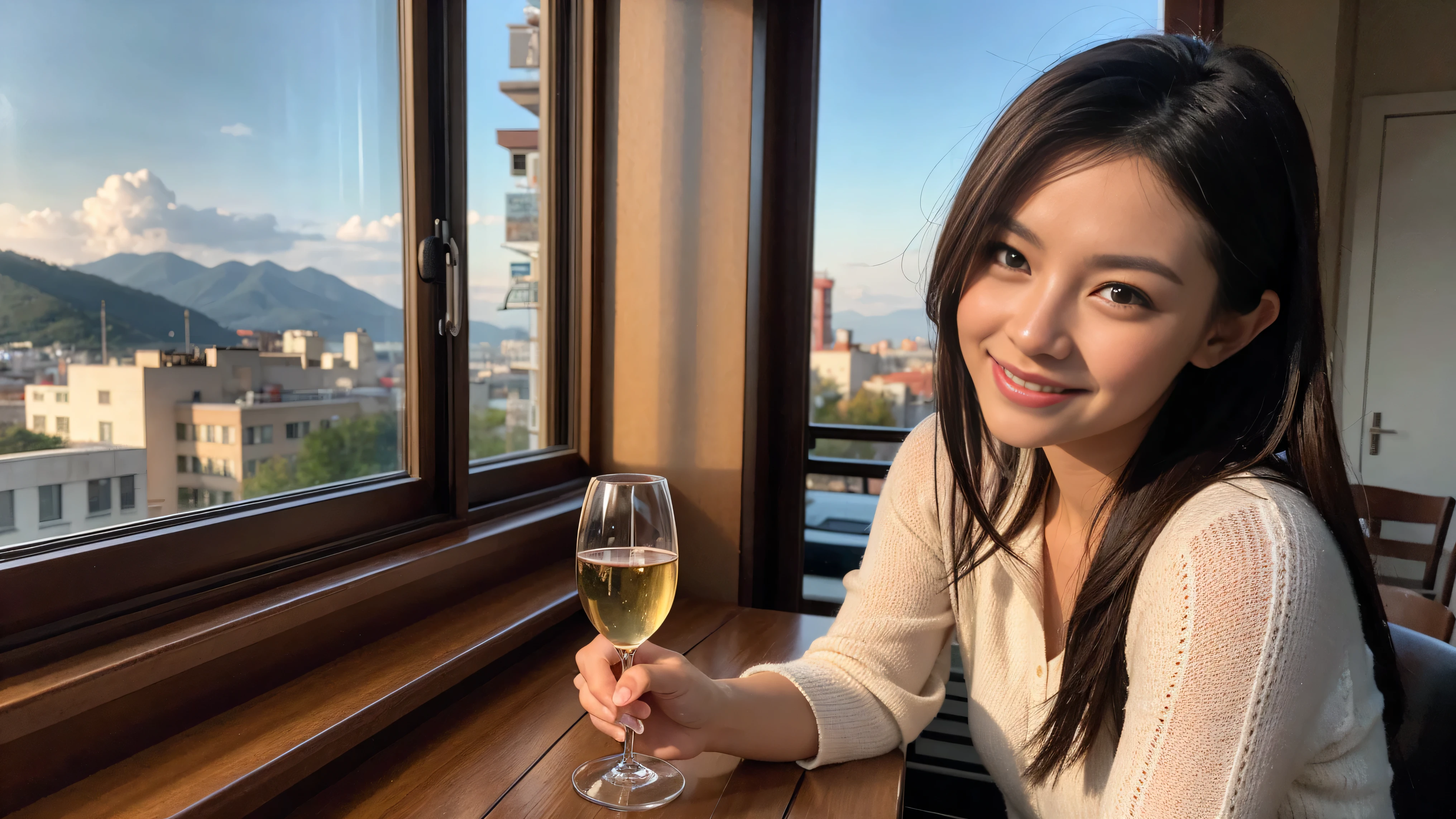 ((highest quality、8k、masterpiece:1.3))、Sharp focus:1.2、Beautiful woman perfect body:1.4、Slim body、((Bob Hale、Straight hair:1.2))、(to be born, highest quality, masterpiece:1.5), (Realistic, Intricate details:1.2), Ultra-high resolution, Spectacular view of the sunset sky and clouds、Amazing mountain views、A bright smile、A lovely woman with a smile、wine glass、red wine 、Bright image、2. Wine Beauties, Beautiful Face, blue eyes, The light shines on your face, Blushing, short hair,Bright face、Fox face、 (36 years old), 39 years old, Lady、hors d'oeuvre、Italian food、wine bottle、Champagne、sparkling wine、two beauties、brown hair、Shortcuts、Long sleeve shirt、dress、Pretty Woman 1, (slim face), (The body is slim), (brown hair), (Shortcuts), cheeks turn a little red,charming beauty、, Out of the window, A beautiful and detailed night view unfolds.........., restaurant, In a prominent place (From the waist up) Nova Frog Style, actress, model, Upper Body, White wine, slim, wine glass, wine glass placed in the middle, smile, (smile: 1.15), Beautiful fine grain, Depth f/2,saturation, High Contrast, Strong light and shadow,Moist Body:1.5、3D texture、Delicate eyes、brown hair、The hair is very shiny、