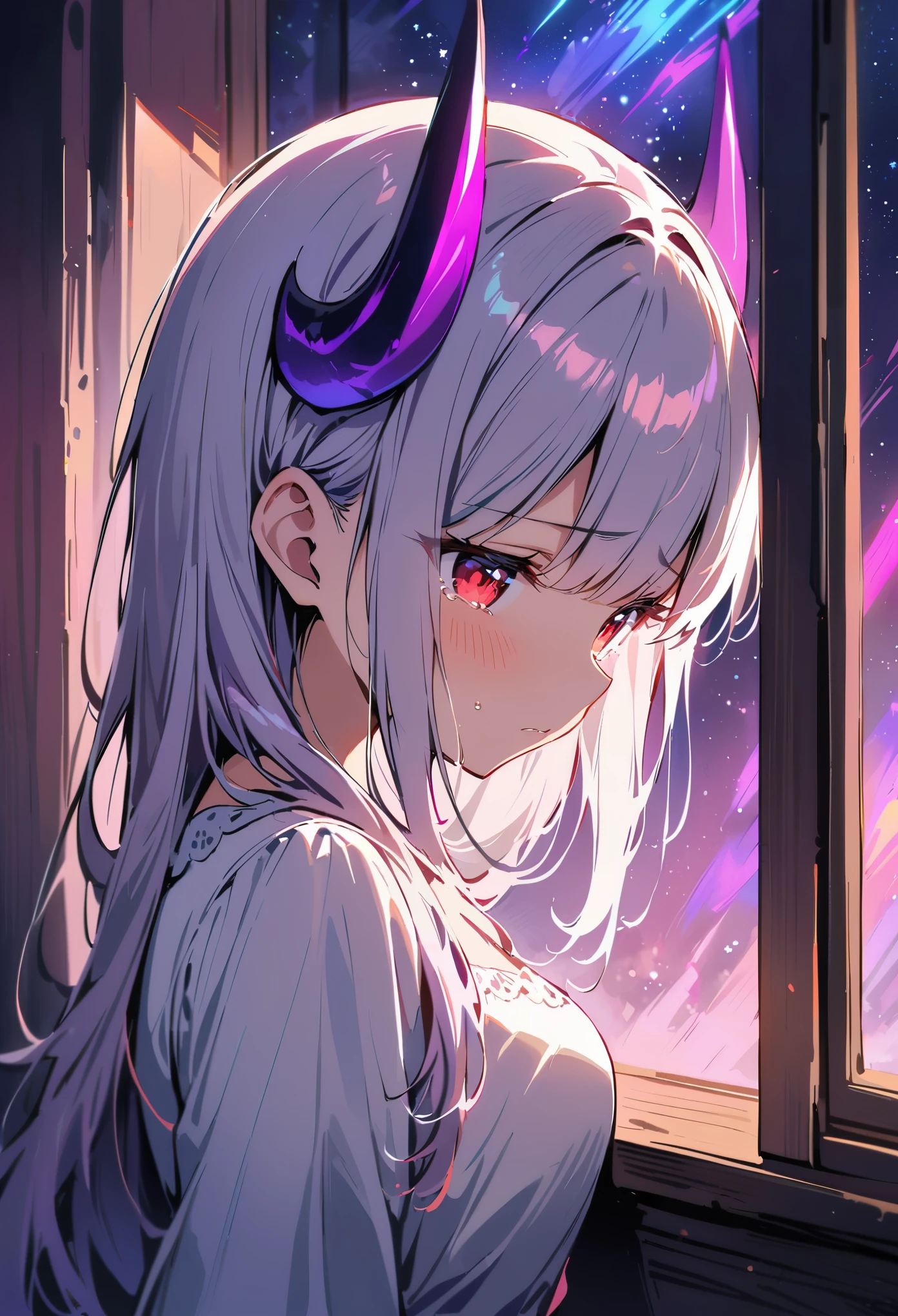 (best quality, masterpiece:1.2), 1 Girl, large red eyes,Drooping eyelids,Tears, White long hair,White Dress, There are two purple horns on the head, Purple Devil's Tail, blush,whole body,Gaze at the stars outside the window, Movie-level lighting effects, Particle light effects, portrait, Ethereal colors, surreal atmosphere, Delicate brushstrokes, Dreamlike scenery