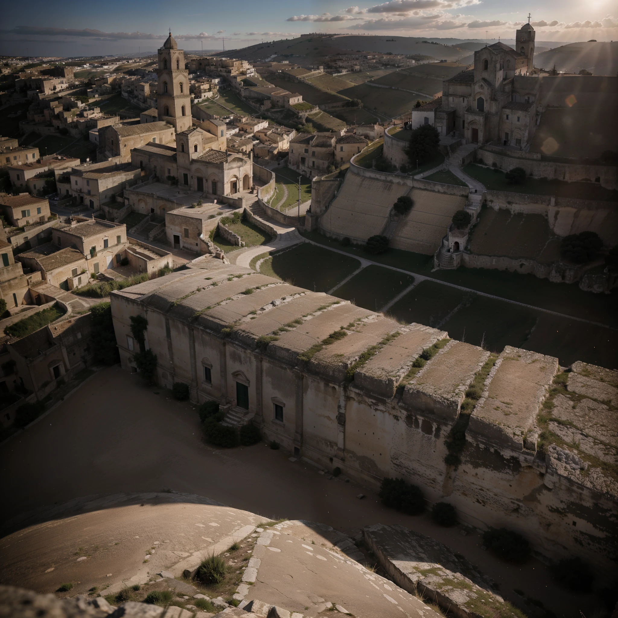 sassi_di_matera, (a religious woman climbs a country road towards a church in the hills), a church at the top of the hill, atmospheric oliva lighting, 4k UHD, dark vibes, hyper detailed, vibrant colours red sky background, epic composition, octane render, sharp focus, high resolution isometric, wide angle. (sassi_di_matera)