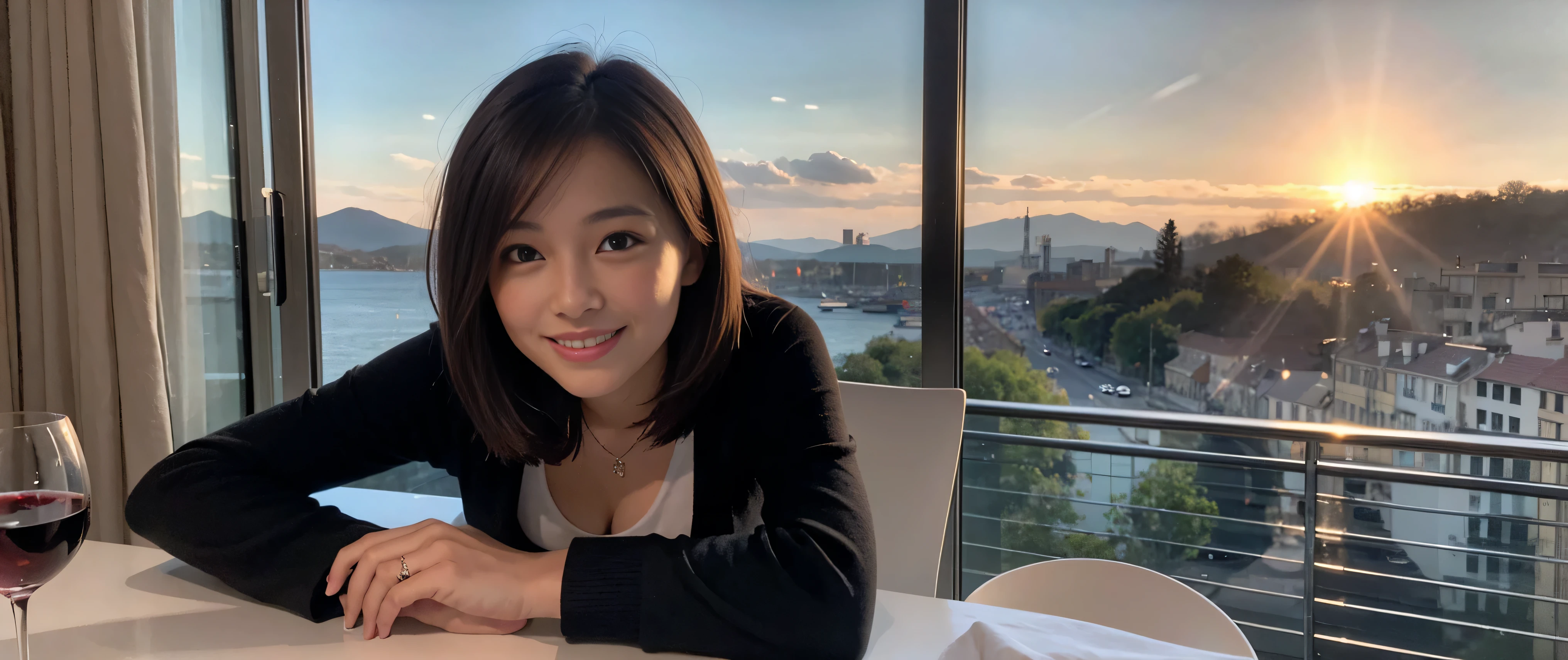 ((highest quality、8k、masterpiece:1.3))、Sharp focus:1.2、Beautiful woman perfect body:1.4、Slim body、((Bob Hale、Straight hair:1.2))、(to be born, highest quality, masterpiece:1.5), (Realistic, Intricate details:1.2), Ultra-high resolution, Spectacular view of the sunset sky and clouds、Amazing mountain views、A bright smile、A lovely woman with a smile、wine glass、red wine 、Bright image、2. Wine Beauties, Beautiful Face, blue eyes, The light shines on your face, Blushing, short hair,Bright face、Fox face、 (36 years old), 39 years old, Lady、hors d'oeuvre、Italian food、wine bottle、Champagne、sparkling wine、two beauties、brown hair、Shortcuts、Long sleeve shirt、dress、Pretty Woman 1, (slim face), (The body is slim), (brown hair), (Shortcuts), cheeks turn a little red,charming beauty、, Out of the window, A beautiful and detailed night view unfolds.........., restaurant, In a prominent place (From the waist up) Nova Frog Style, actress, model, Upper Body, White wine, slim, wine glass, wine glass placed in the middle, smile, (smile: 1.15), Beautiful fine grain, Depth f/2,saturation, High Contrast, Strong light and shadow,Moist Body:1.5、3D texture、Delicate eyes、brown hair、The hair is very shiny、