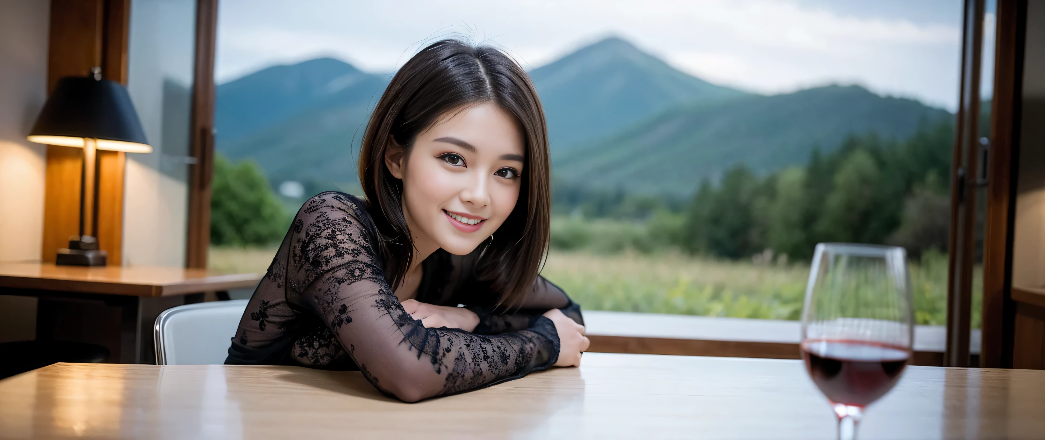 ((highest quality、8k、masterpiece:1.3))、Sharp focus:1.2、Beautiful woman perfect body:1.4、Slim body、((Bob Hale、Straight hair:1.2))、(to be born, highest quality, masterpiece:1.5), (Realistic, Intricate details:1.2), Ultra-high resolution, Spectacular view of the sunset sky and clouds、Amazing mountain views、A bright smile、A lovely woman with a smile、wine glass、red wine 、Bright image、2. Wine Beauties, Beautiful Face, blue eyes, The light shines on your face, Blushing, short hair,Bright face、Fox face、 (36 years old), 39 years old, Lady、hors d'oeuvre、Italian food、wine bottle、Champagne、sparkling wine、two beauties、brown hair、Shortcuts、Long sleeve shirt、dress、Pretty Woman 1, (slim face), (The body is slim), (brown hair), (Shortcuts), cheeks turn a little red,charming beauty、, Out of the window, A beautiful and detailed night view unfolds.........., restaurant, In a prominent place (From the waist up) Nova Frog Style, actress, model, Upper Body, White wine, slim, wine glass, wine glass placed in the middle, smile, (smile: 1.15), Beautiful fine grain, Depth f/2,saturation, High Contrast, Strong light and shadow,Moist Body:1.5、3D texture、Delicate eyes、brown hair、The hair is very shiny、