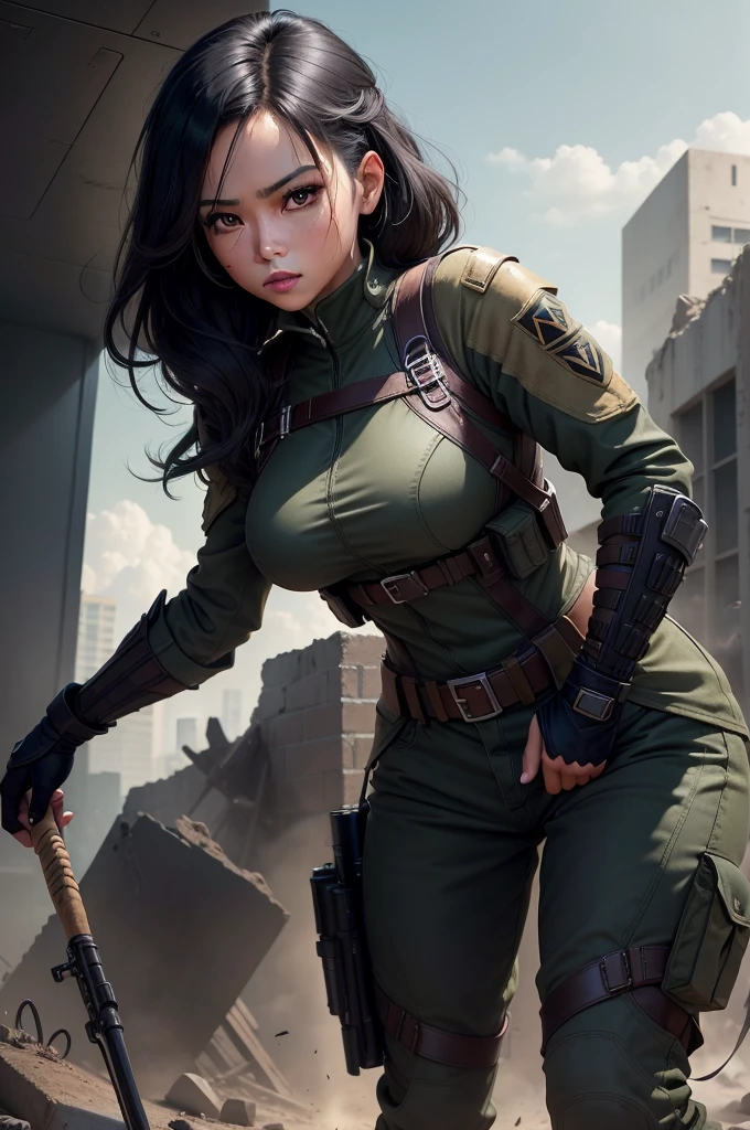 Create masterpieces with the highest quality and attention to detail, Strive to realistically depict Filipino women in soldier uniforms. Artwork should have a cinematic feel，And present it in ultra-high resolution (8k).

The composition should focus on the mid-ground, Highlighting the attractive looks and strong personalities of Filipino women.

Combination of strength and skill. Her clothes are an important aspect of her personality: Camouflage, torn, torn military trousers, Emphasizes her agility and combat skills.

Uniforms feature subtle textures and contours，Can capture light, Adding depth to your depiction. Dark grey and bronze accents are carefully designed，Enhanced visual appeal.

Woman&#39;s black hair draped over her shoulders, Add a splash of bright color to the scene. Her expression was mysterious, Showing her arrogance and strategic thinking.

In the composition, Incorporating some hints of her radical background: ruins, Burning City, Advanced technology, And the background that suggests a war zone environment