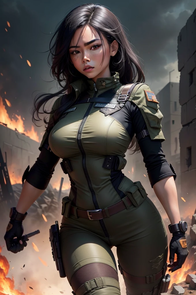 Create masterpieces with the highest quality and attention to detail, Strive to realistically depict Filipino women in soldier uniforms. Artwork should have a cinematic feel，And present it in ultra-high resolution (8k).

The composition should focus on the mid-ground, Highlighting the attractive looks and strong personalities of Filipino women.

Combination of strength and skill. Her clothes are an important aspect of her personality: Camouflage, torn, torn military trousers, Emphasizes her agility and combat skills.

Uniforms feature subtle textures and contours，Can capture light, Adding depth to your depiction. Dark grey and bronze accents are carefully designed，Enhanced visual appeal.

Woman&#39;s black hair draped over her shoulders, Add a splash of bright color to the scene. Her expression was mysterious, Showing her arrogance and strategic thinking.

In the composition, Incorporating some hints of her radical background: ruins, Burning City, Advanced technology, And the background that suggests a war zone environment
