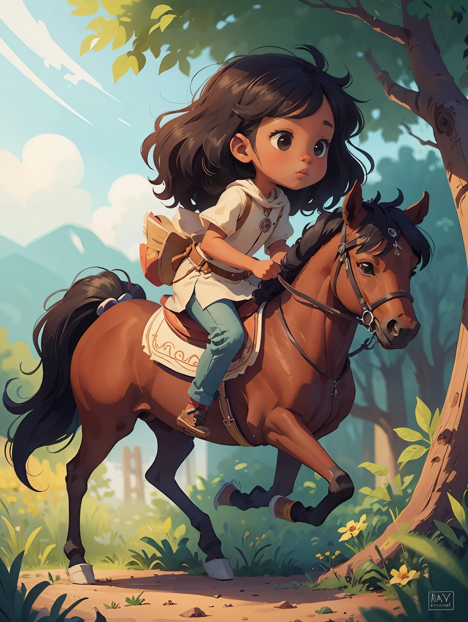 there is a cartoon picture of a black princess riding on a horse, kids book illustration, children’s book illustration, children's book illustration, children book illustration, childrens book illustration, childrenbook illustration, concept art of single boy, illustration for children, by Nancy Graves, colorful kids book illustration, full color illustration, by Mary Davis, artwork of pedro bell
