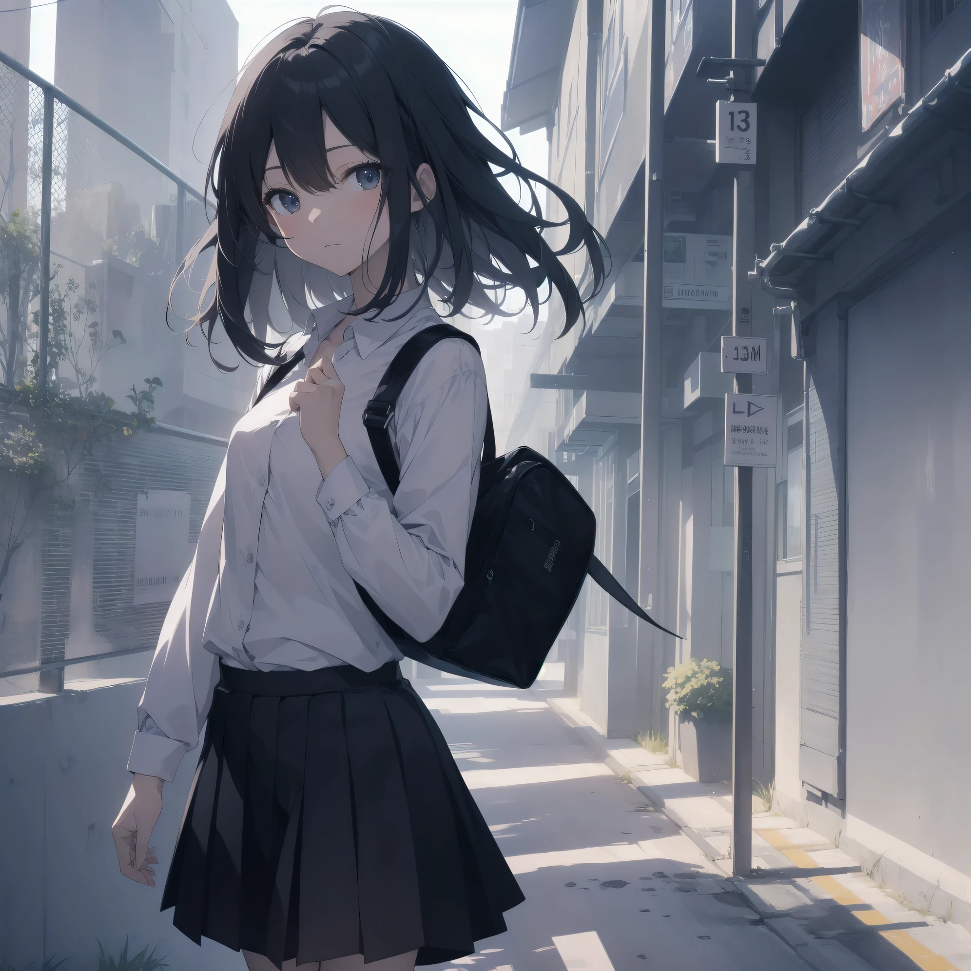 ultra-absurdres-Top quality by artist God, ultra-detailed, high resolution, anime moe artstyle, best anime 8k konachan wallpaper, pixiv contest winner,pool:2810, perfect anatomy,break, 1girl, (Please draw a girl walking sleepily to school alone. )break,(Solo,little female, 13-year-old:1.3),Full limbs, complete fingers,a junior high school student, (very short hair), short cut, flat chest, , small butt, small black eyes, beautiful detailed eyes, well-proportioned iris and pupils, expressive eyes, highres detailed hair, soft expression, school_uniform, official_alternate_costume, pleated skirt,(Detailed Lighting), (Detailed background), in the School commute route. break,super detailed skin, Best cinematic lighting powered by famous artist, 8k,beauty illustration,photoshop_(medium),very aesthetic,break,((artist:kou_hiyoyo )), artist:akinashi yuu ,artist:oyari ashito ,artist:kantoku ,