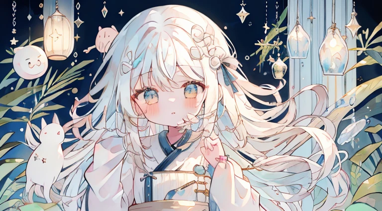 one girl、Fluffy hair、Wavy hair、White hair、whipped cream、fluffy dresseasterpiece、Highest image quality、top quality、cute little、Peace of mind、Muted dresses、cream-colored、