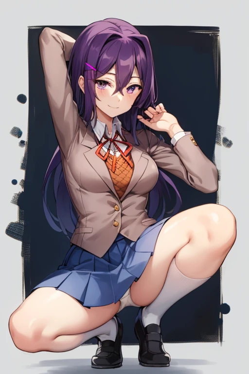 2d, masterpiece, white panties, slim body, slim legs, spread legs, best quality, hands behind head, ((full body)), full pose, anime, highly detailed, cowboy shot, 1girl, solo, yuri, purple hair, purple eyes, long hair, hair between eyes, hairclip, , blazer, brown sweater, collared shirt, neck ribbon, blue skirt, white socks:1.2, black school shoes, clenched hands, smile, squatting:1.3,