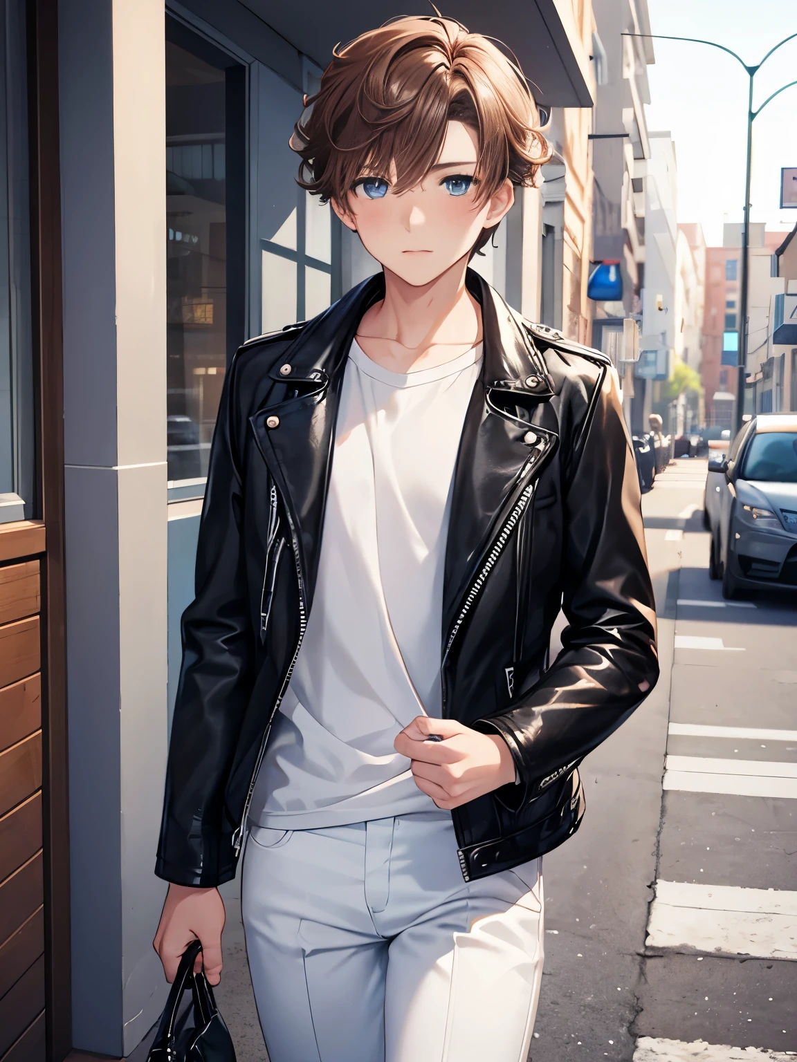 1boy,guy,walking,blue eyes,blush,half body photo,18 years old,Curly hair,medium hair,undercut hairstyle,light brown hair,black jacket,Leather jacket,white t-shirt,white trousers,morning,ultra detail,masterpiece