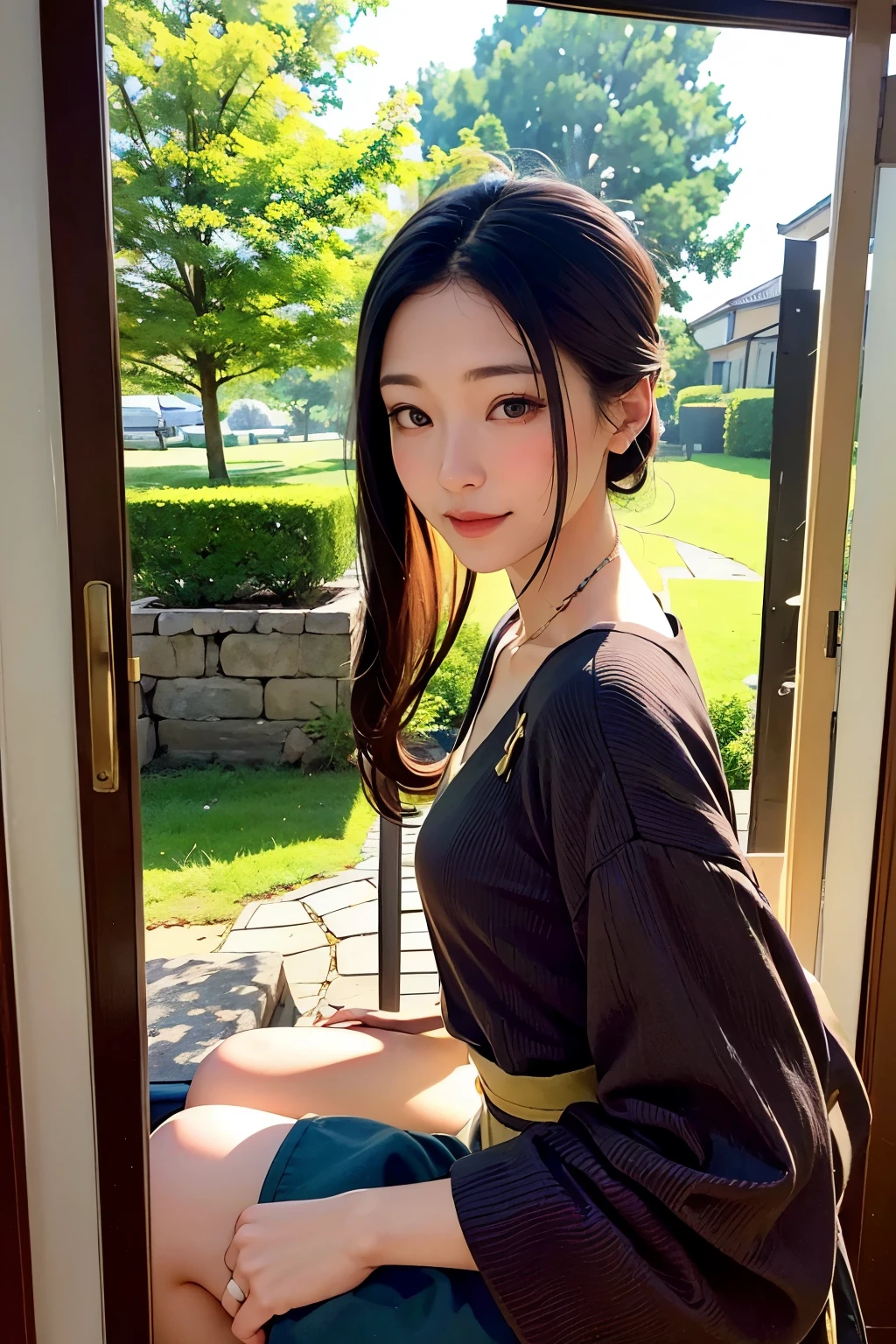 Avatar design elements Appearance: age: Described as a mature woman in her early 30s。 Hairstyle: long flowing hair、Or a simple updo、Producing an intellectual and relaxed atmosphere。 Costume: Modern clothing with traditional elements。for example、シンプルなカットのドレスに小さな和柄やaccessoriesを加えるなど。 expressionとposture: expression: It's warm、With a friendly smile,、Expressing calm and confidence at the same time。 posture: Calm、A body posture that shows an open and receptive attitude towards the client。 Color Scheme: Base: Calm, deep colours(deep red、Navy、Forest green etc.)Based on。 accent color: Add a touch of sophistication with gold and silver embellishments。 backgroundやaccessories: background: Although it is urban、Natural and traditional elements(for example、Patterned folding screens and a garden seen from a window)Visible settings。 accessories: Small pendants or rings that are spiritual symbols、Adding spiritual accents to the details。