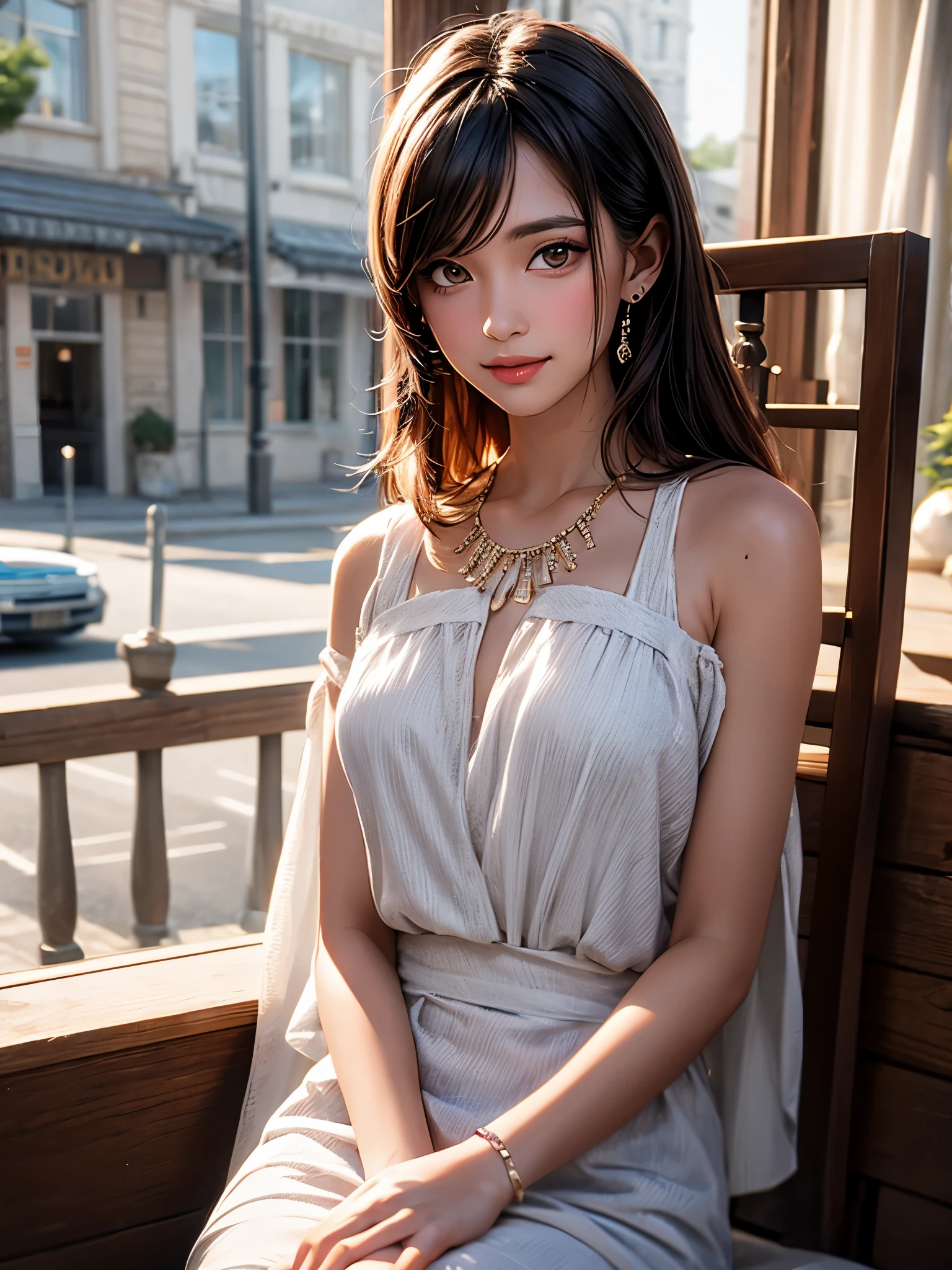 (Higher resolution, clearly_image) best quality, A woman, masterpiece, Very detailed, Semi-realistic, 26 years old, fair, young, Handsome, White and blue staggered dress, Small gemstone necklace around neck, External, Cafe Seating, window, sitting, afternoon, blush, Smile