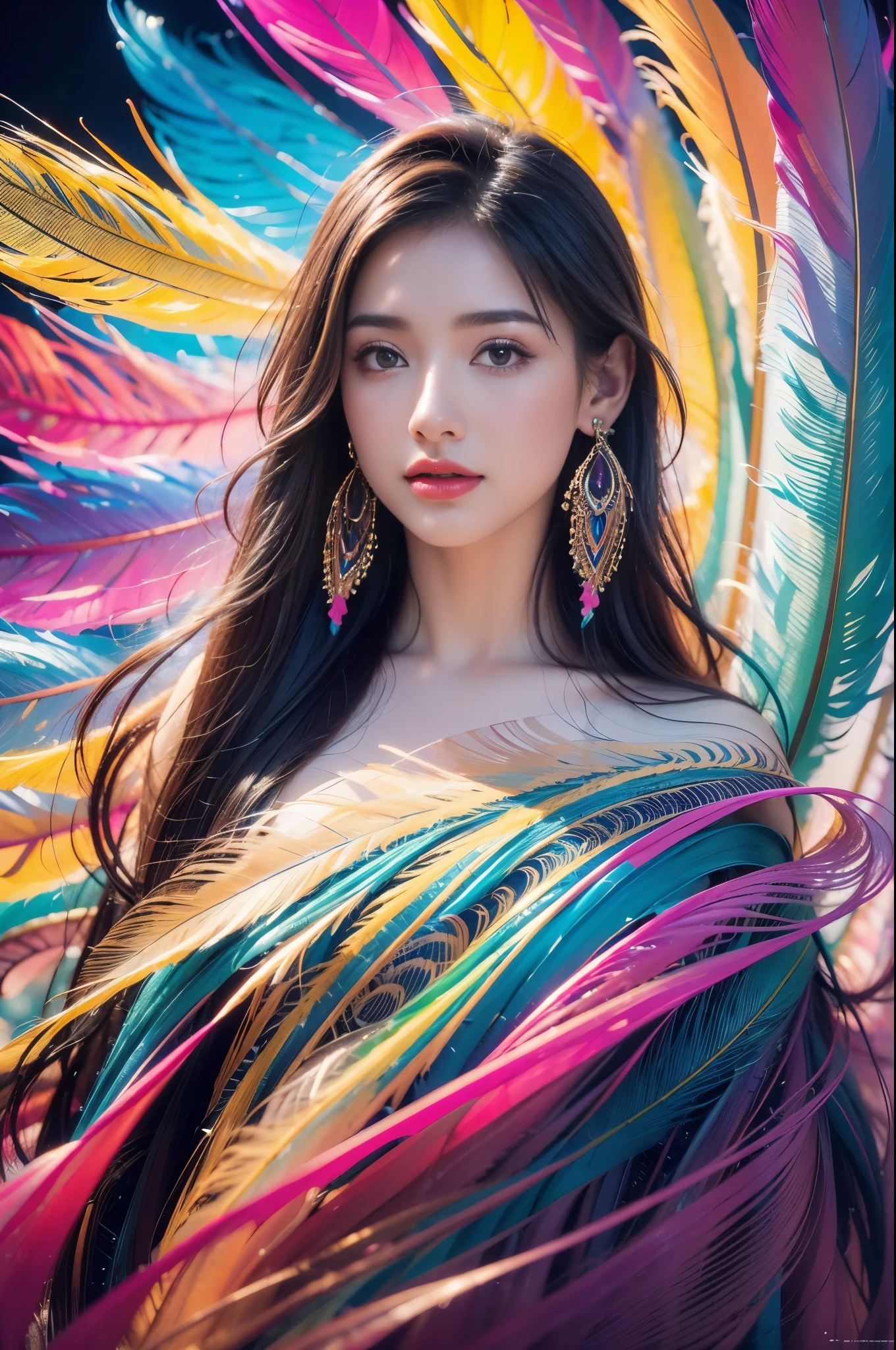 1 sister,(earrings feather:1.2),(tmasterpiece, quality, Best quality, offcial art, Beautiful and beautiful:1.2),very detailed nipples,(s fractal art:1.1),(Colorful:1.1),Feather background,